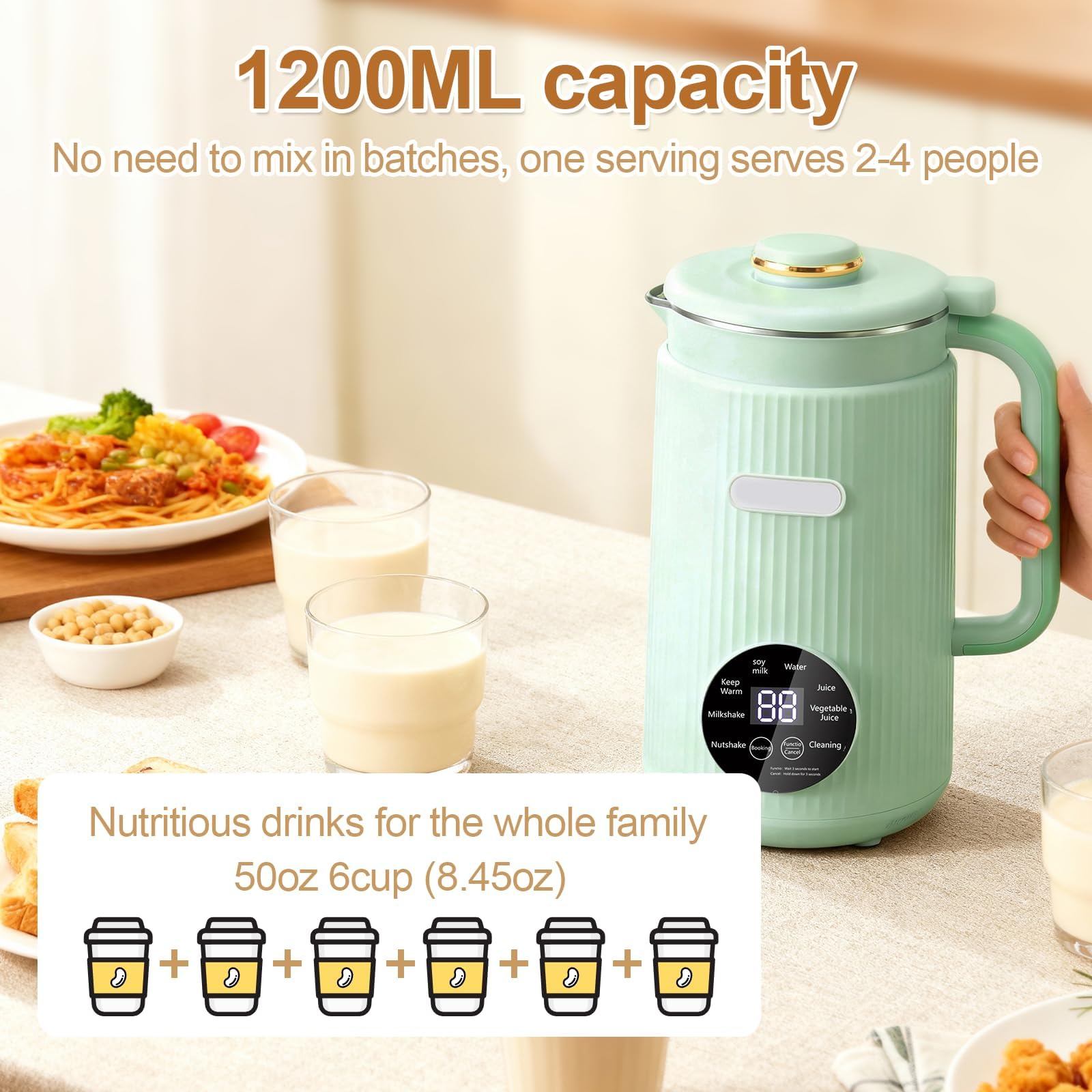 Maszyna do Mleka Orzechowego, 1200 ml 8 w 1 Automatyczna Maszyna do Mleka Sojowego, 10-ostrzy Samoczyszcząca z Funkcją Podgrzewania 8H white