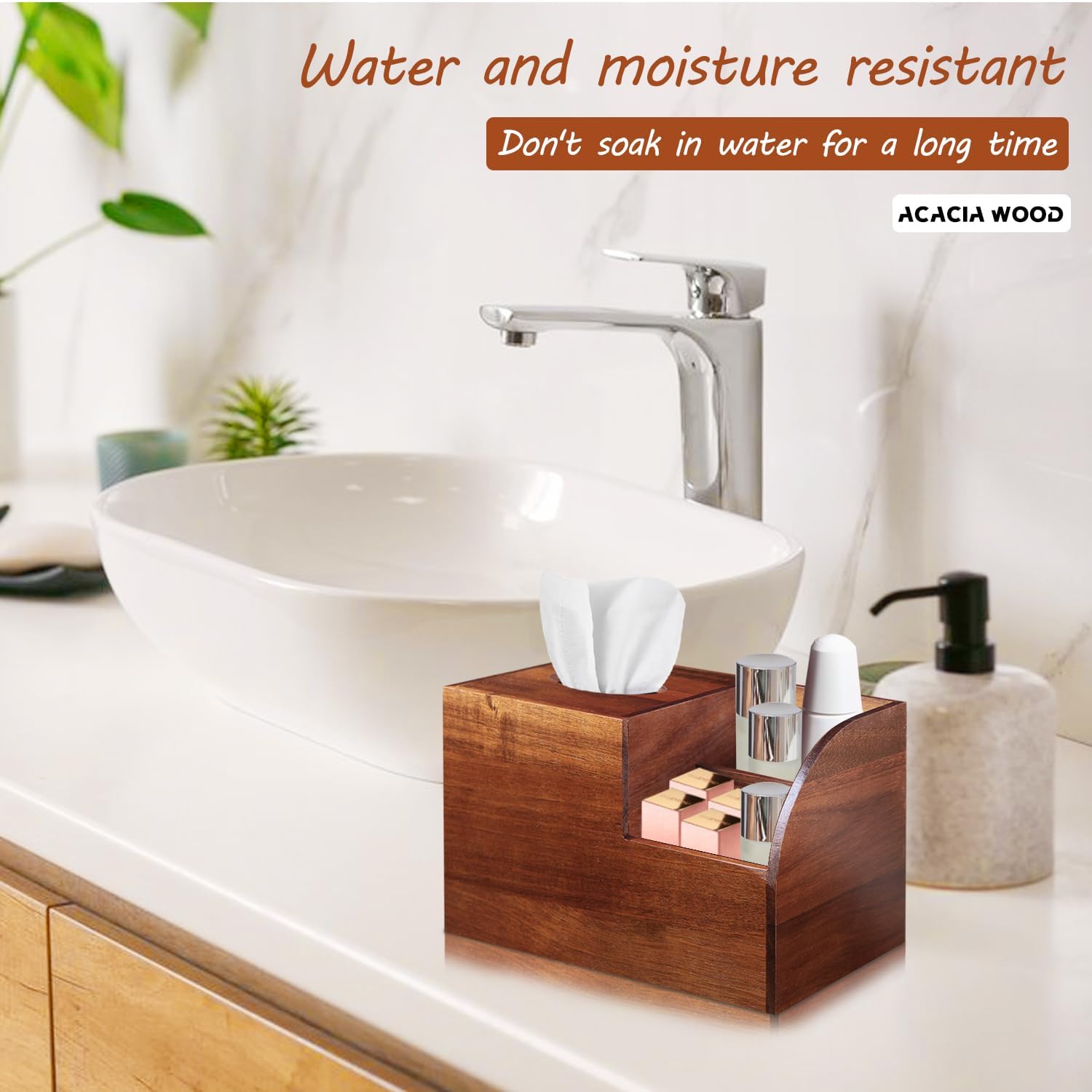 BIBELUN Square Tissue Box Cover, Multi-Functional Wood Tissue Box Holder with Storage Grid, Tissue and Remote Control Holder, Decorative Facial Tissue Cube Box Organizer for Desk, Nightstand, Bathroom