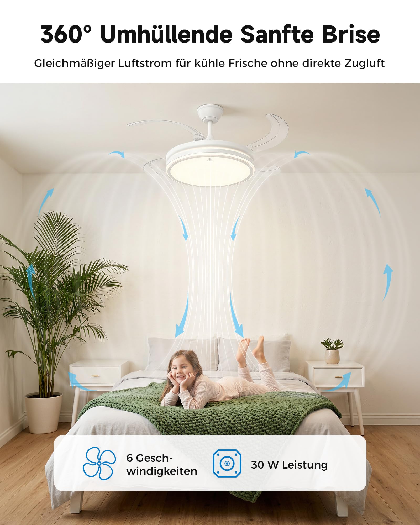 WOOX Deckenventilator mit Beleuchtung 107 cm (42") | 50W LED stufenlos dimmbar (CCT), leiser 30W DC-Motor, 4 ausziehbare Flügel, 6 Stufen, Sommer/Winter-Modus, Fernbedienung