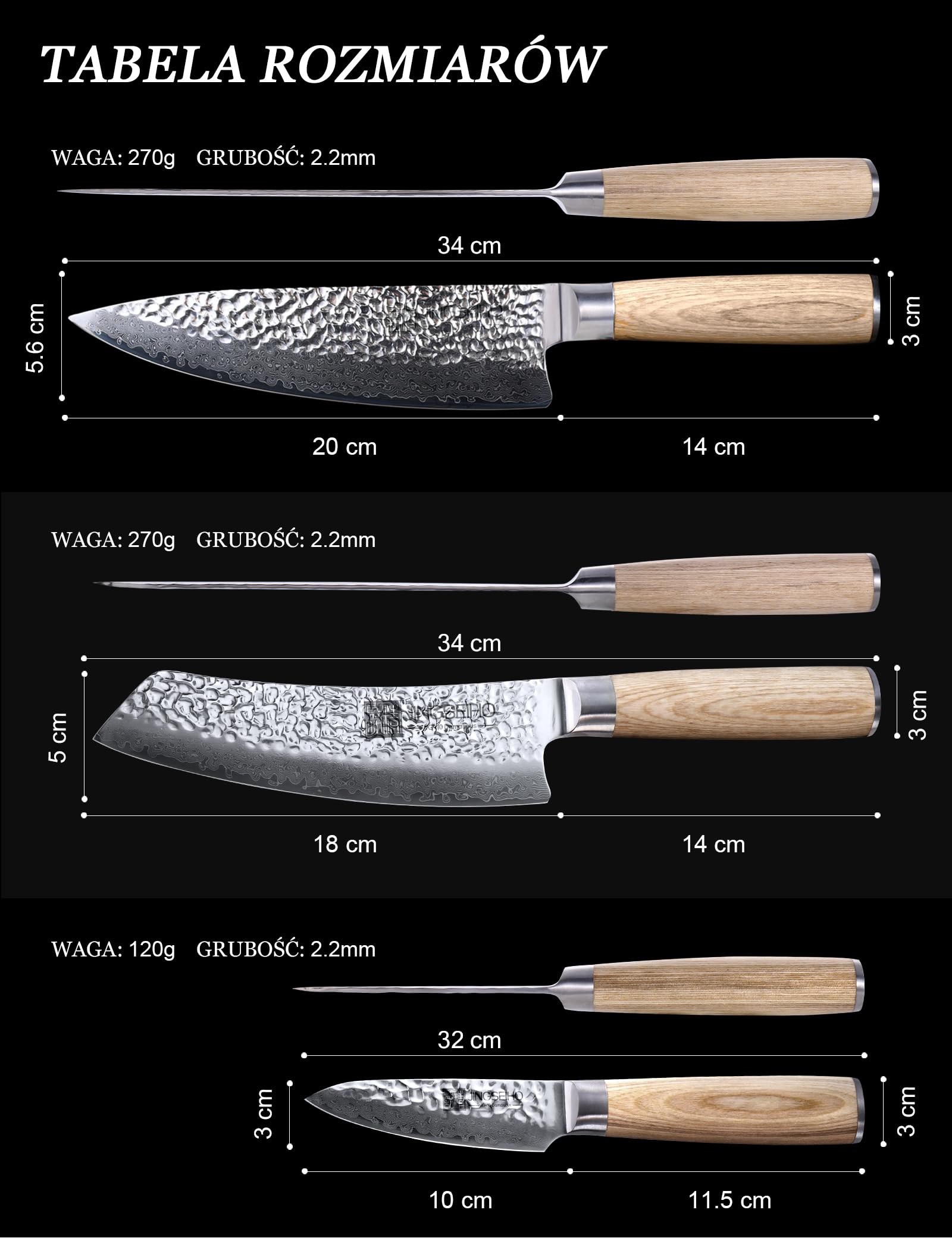 Jingseiho Zestaw Noży Damasceńskich - Stal Kuta VG-10 67 Warstw, Włączając Nóż Szefa Kuchni, Santoku i Nóż do Obierania, Wytrzymałe Noże Kuchenne dla Domu