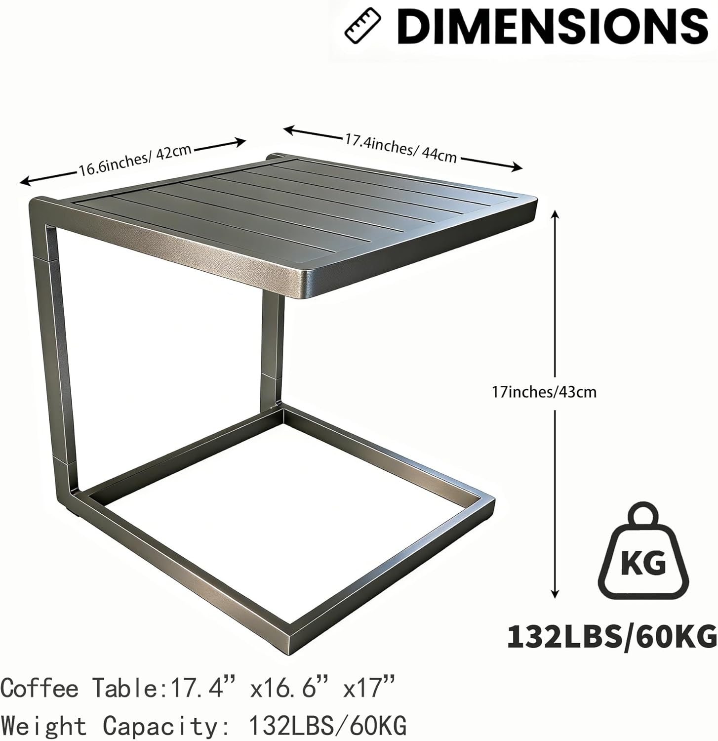 Aluminum C Shaped Outdoor Side Table, Weather Resistant Patio End Table with Aluminum Frame, Slim C Table for Sofa Lounge Chair, Indoor Outdoor Small Side Table for Patio Garden Balcony Deck