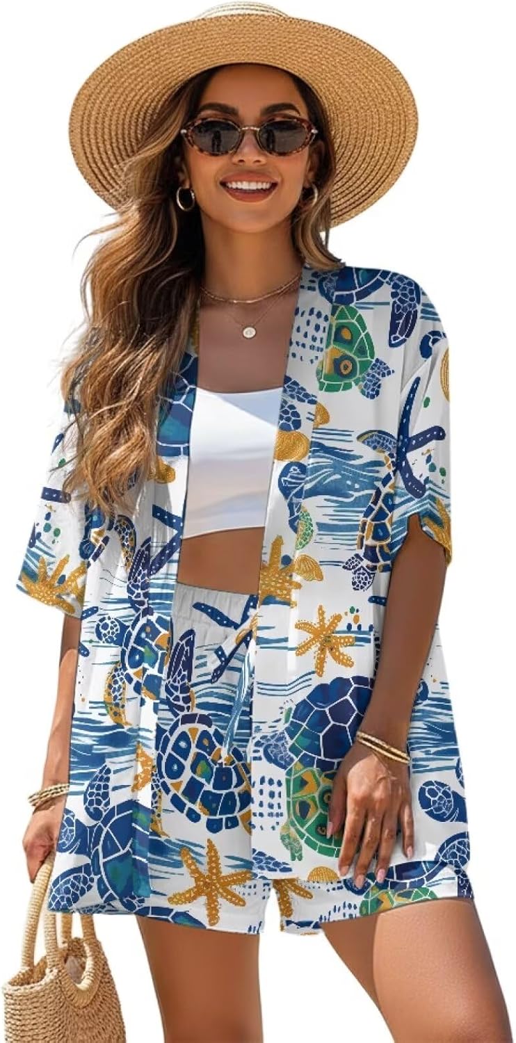 ZFRXIGN Summer Womens 2 Piece Outfits Vacation Kimono Cover up and Drawstring Shorts Set Loose Outfits S-XL