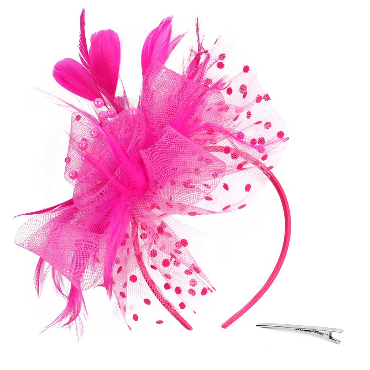 Ladies Fascinator Hat for Wedding, Tea Party, Ascot Race - Feather Flower Beaded with Headband, Hairclips, Dotted Mesh Pillbox Headpieces