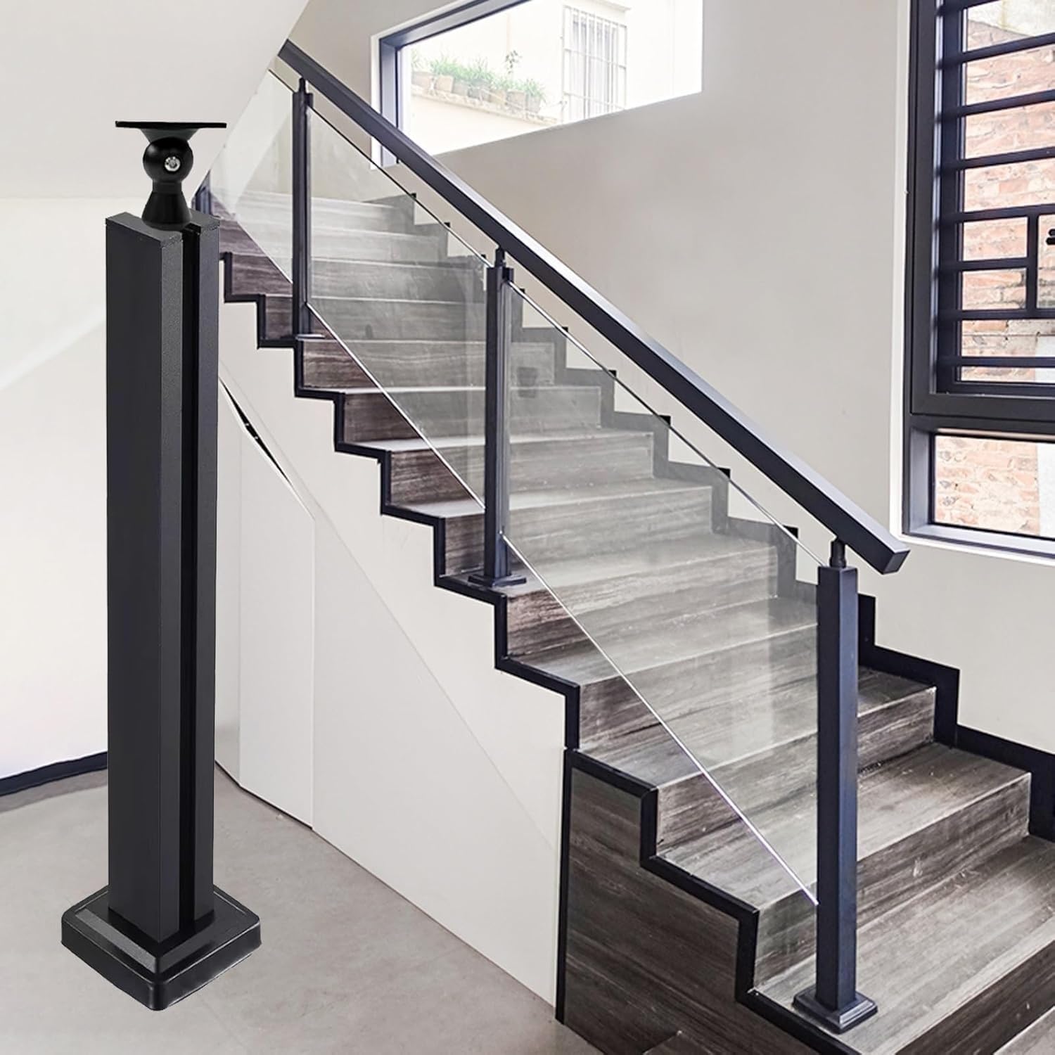 Support de clôture en verre pour balustre d'escalier avec poteau intermédiaire noir 100cm - 8