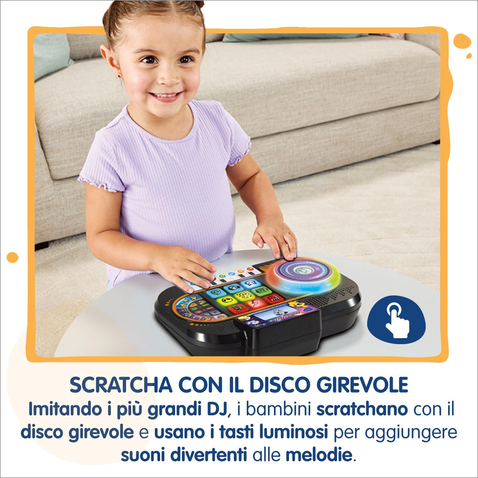 VTech Junior DJ Mix, Console da DJ per Bambini, Pulsante Registrazione, DJ Mix da Bambini con Tasti del Pianoforte, Schermo LCD e Piatto con Disco Luminoso, Lingua Italiana, Batterie Incluse, 3-7 Anni