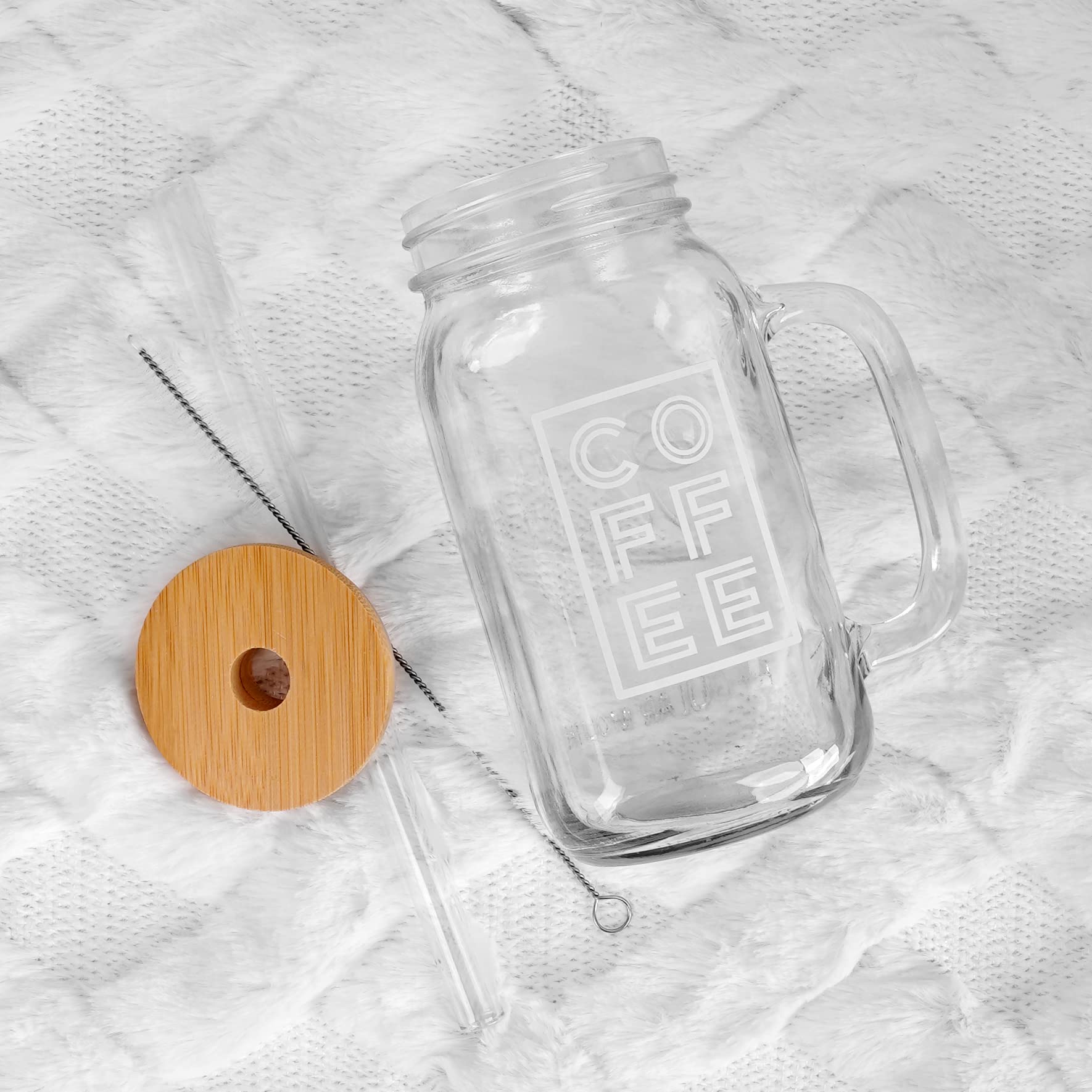 ANOTION Mason Jar Kubek do Mrożonej Kawy z Pokrywką i Słomką, 700 ml, Regularne Słoiki z Uchwytem, Szklane Szklanki, Wielokrotnego Użytku, do Podróży, Biura, Domu
