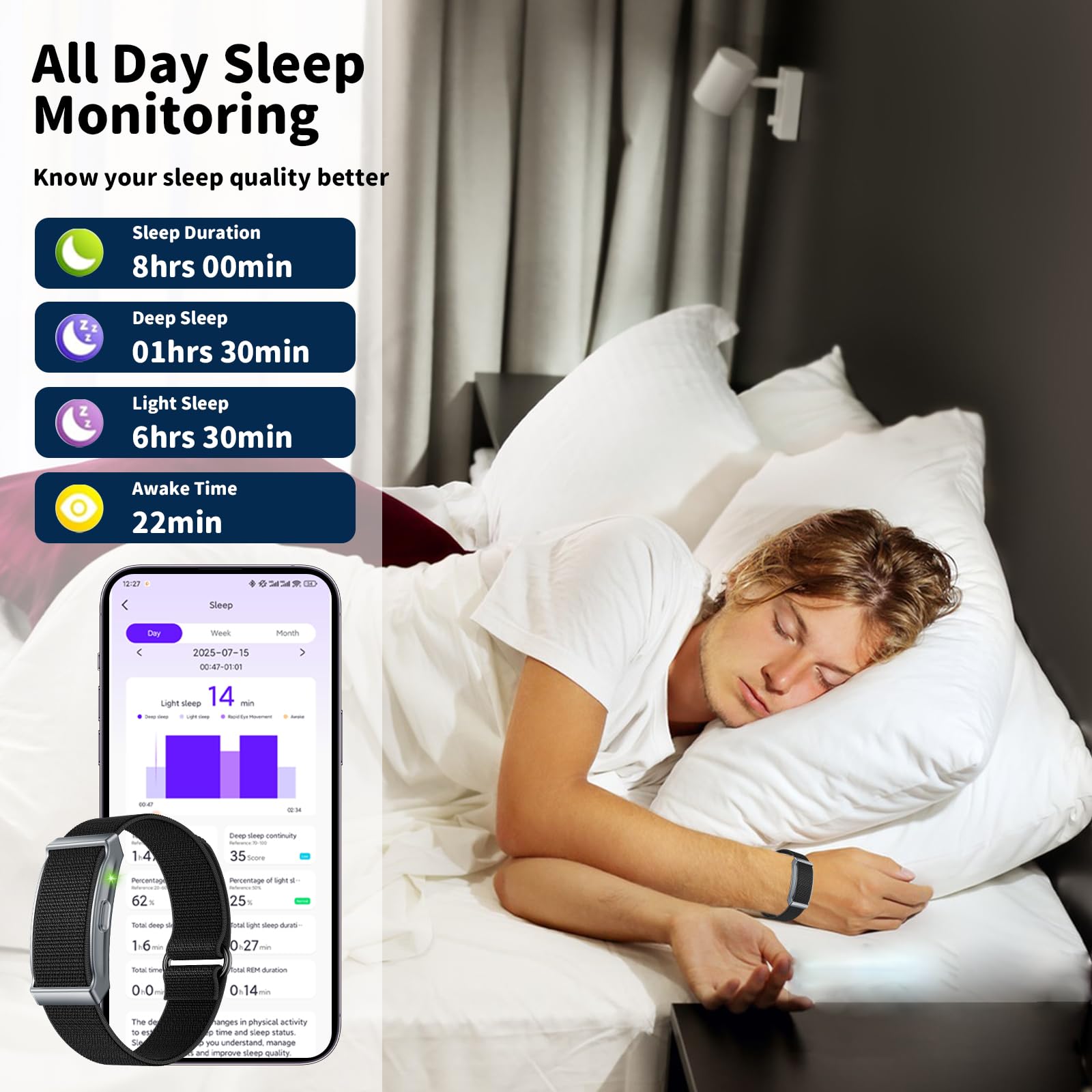 Smart Health Wristband & Armband Set, Screen-Free Minimalist Design Fitness Tracker, Nylon Breathable Smart Bracelet, 24/7 Heart Rate/SpO2/Sleep Monitor, 120+ Sports Modes, IP68 Waterproof