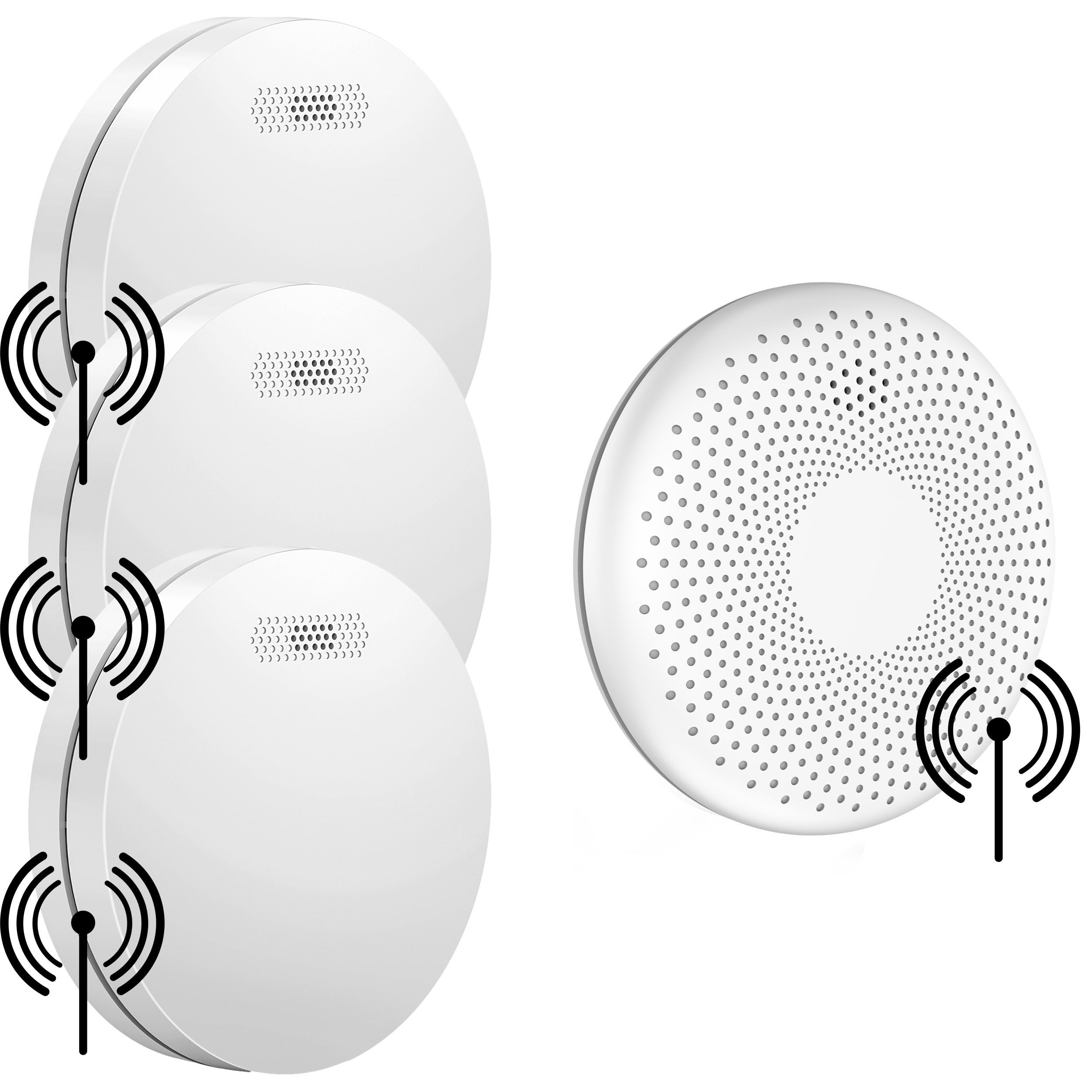 SAVS SafeLink Brandschutz Set Funkvernetzbar – 3 Rauchmelder und 1 Kohlenmonoxidmelder – Drahtlos – 10 Jahre Batterie – Extra flach – Kein LED Licht – Rauch- und CO-Alarm – Montage ohne Bohren