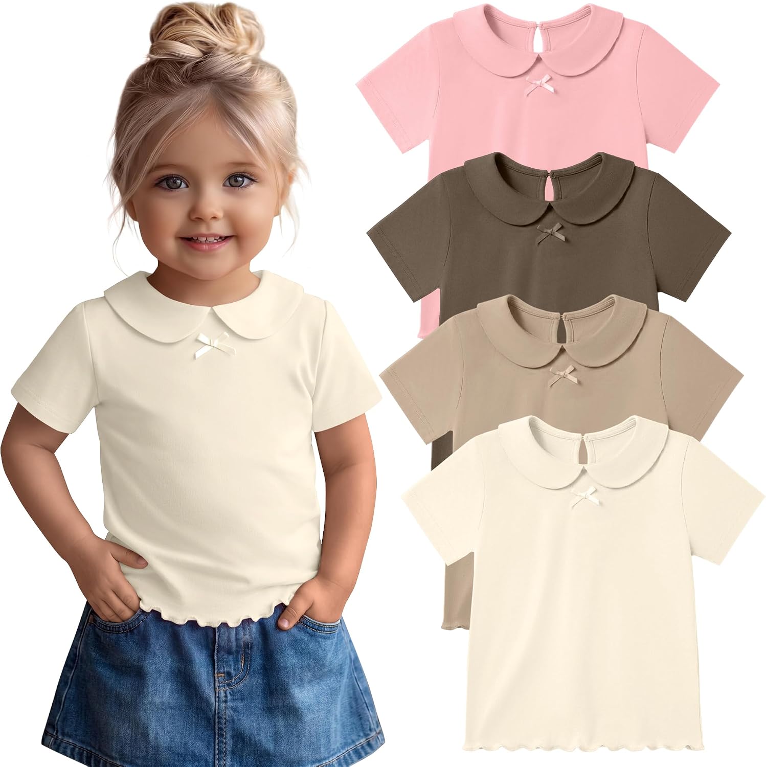 4 Pack Toddler Girls' Collar Shirts Short Sleeve Bow Tops Lettuce Trim Color Tshirts Casual Basic Baby Kids Tees