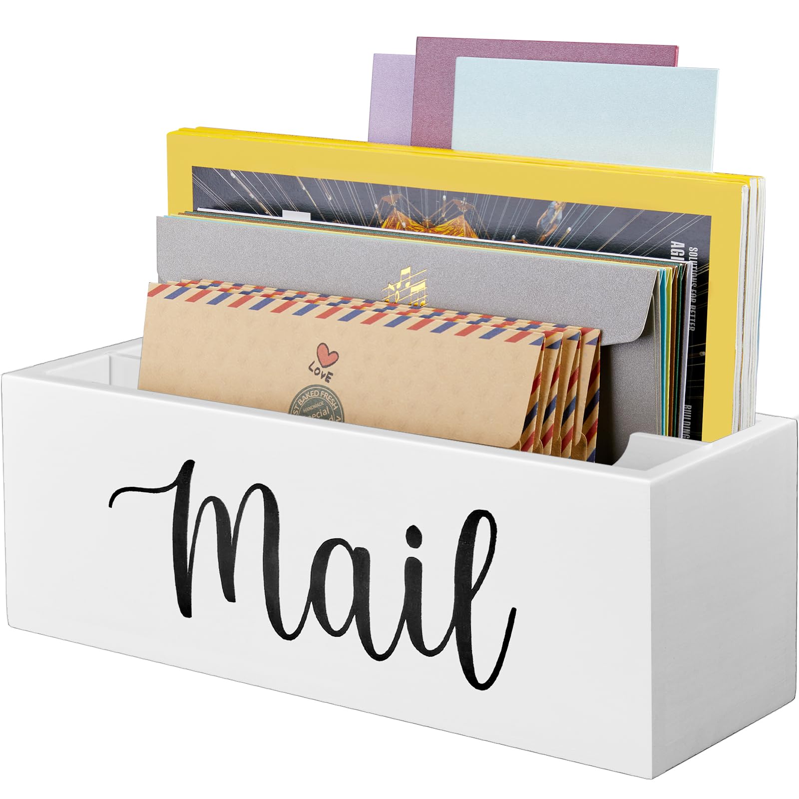 DRASTAR Mail Organizer Wall Mount, Mail Holder Countertop with 2 Slots, Wooden Mail Sorter for Office and Home, White Envelope Organizer for Desk