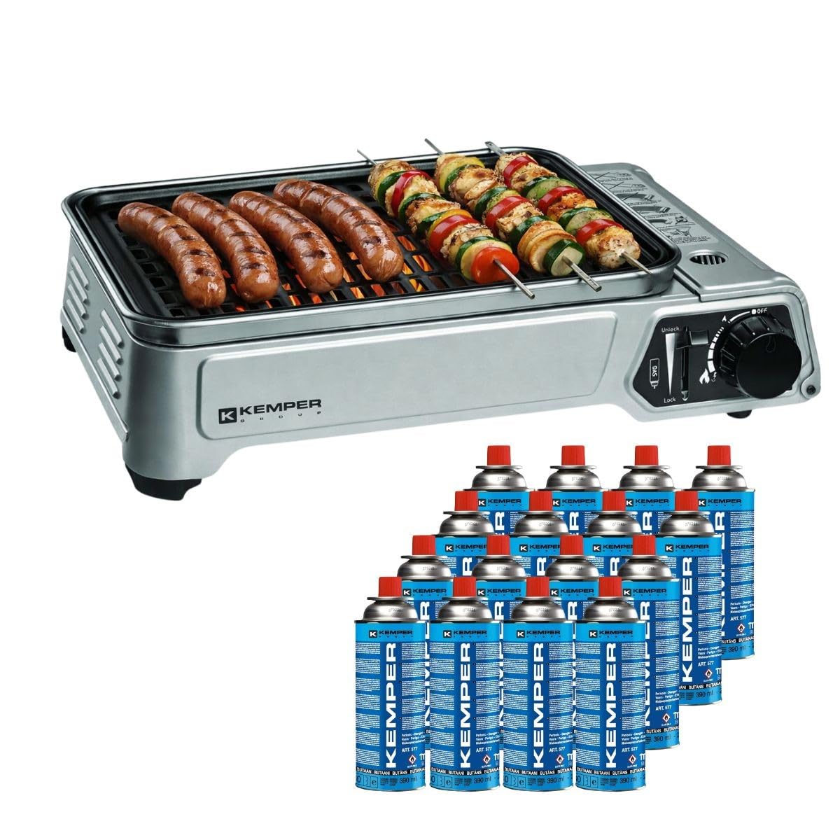 Kemper - Barbecue Portable à gaz 1900 W Grille Anti-adhésive + Mallette Transport + kit 16 Cartouches Butane Piézo Bac récupérateur