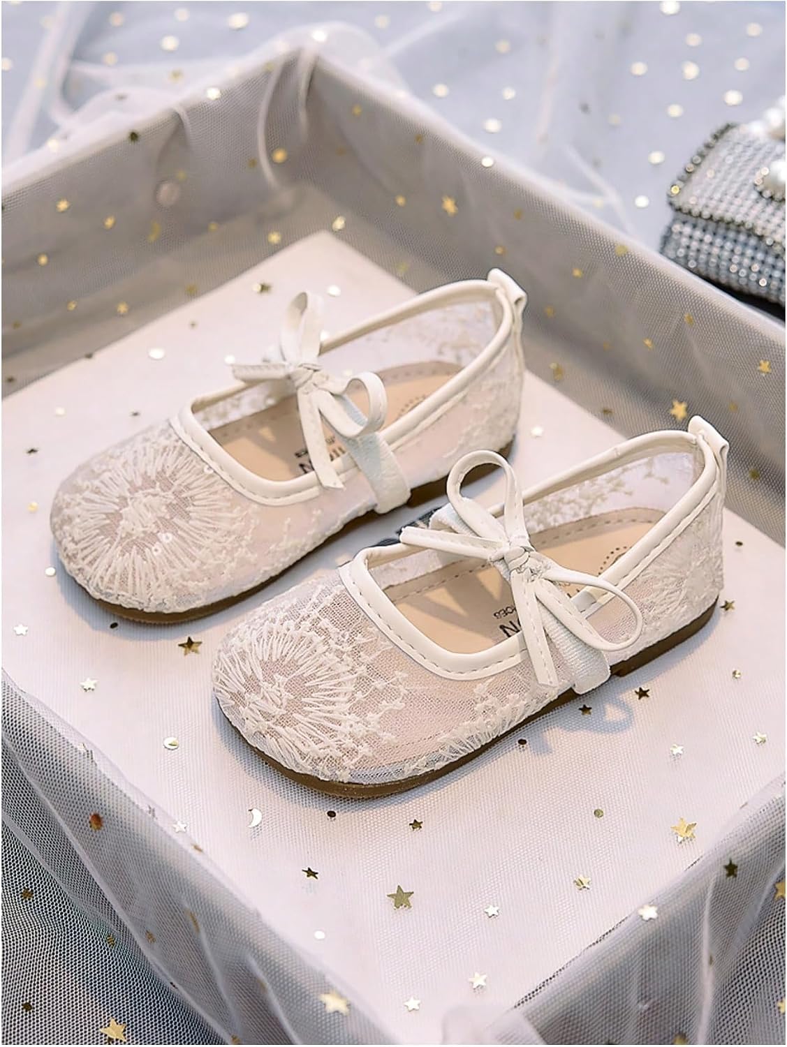 GORGLITTER Girl's Mesh Ballet Flats Lace Floral Bow Ballerina Flates Maryjane Cute Princess Dress Shoes