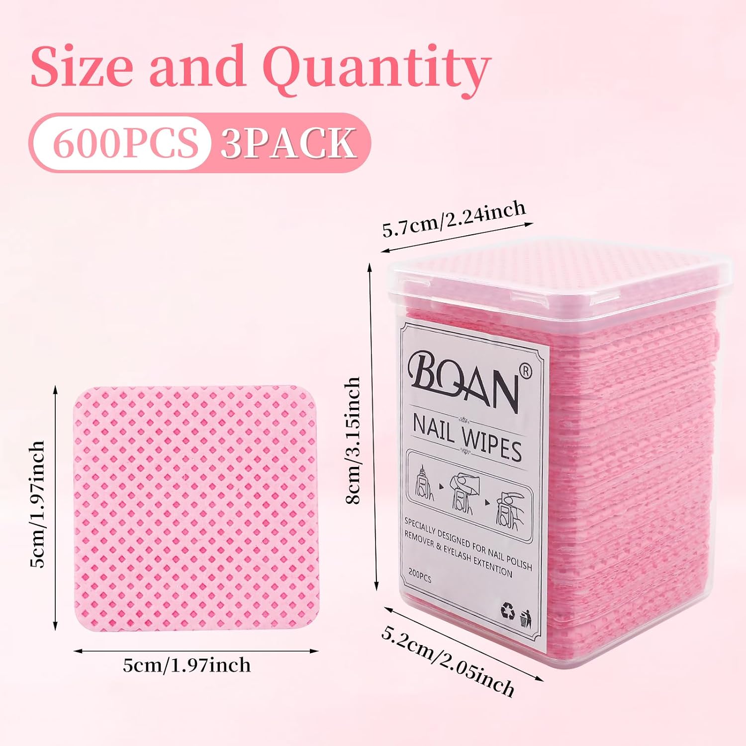 BQAN Lint Free Nail Wipes, 600PCS Nail Polish Remover Pads Pink For lash extensions & Nails Polish Bottle With 5PCS Nails Dipping Clips (Pink)