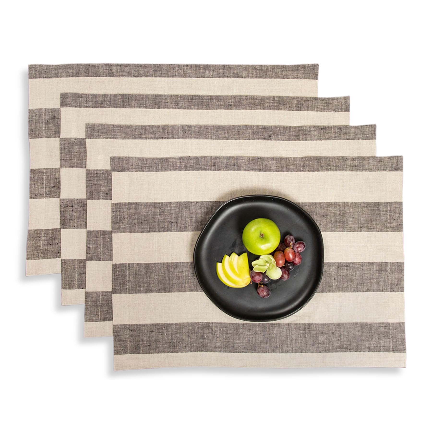Solino Home Linen Placemats Set of 4 - Cabana Stripe Black and Natural Placemats 14 x 19 Inch - 100% Pure Linen Place Mats for Fall, Autumn, Winter, Thanksgiving, Holiday