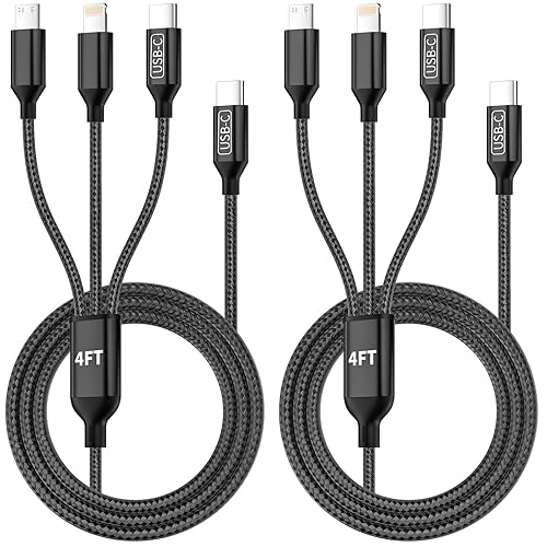 Travel Vacation Essentials Cable de Carga Múltiple USB C, Paquete de 2 Cables de Carga 3 en 1 de Nailon de 4 Pies para Múltiples Dispositivos con