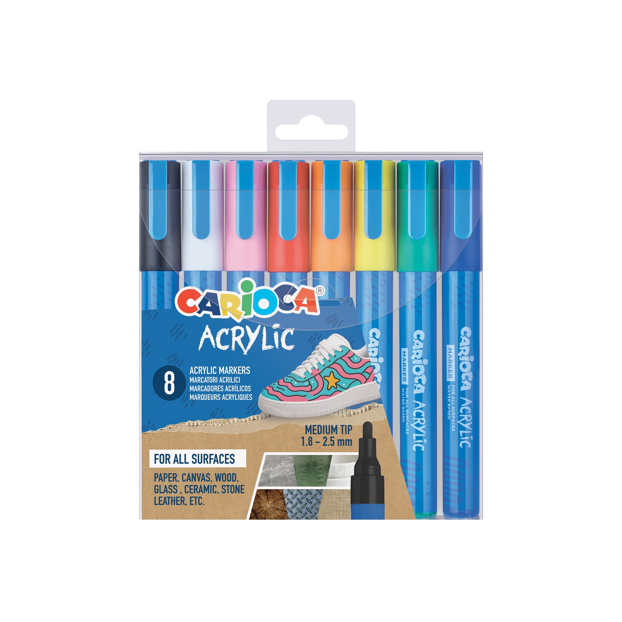 CARIOCA Marcatori Acrilici Punta Tonda Set 8 Colori, Pennarelli Acrilici Bullet Tip per Lettering, Decorazione e Personalizzazione Oggetti