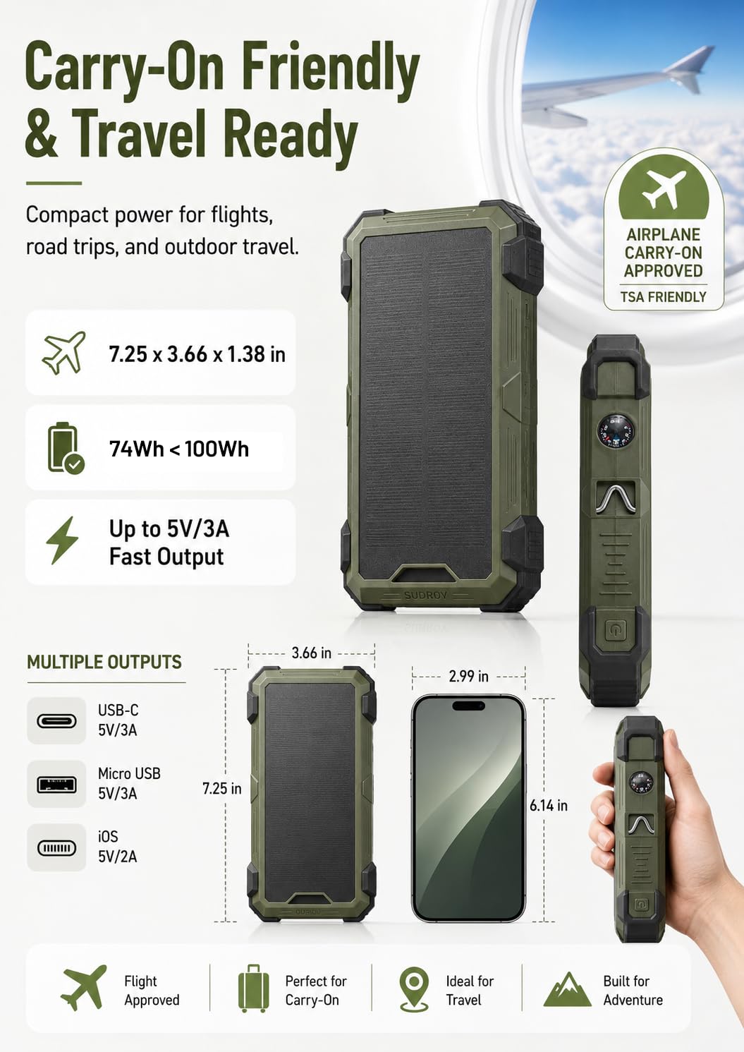 Sudrov Banco de energía solar de 20000 mAh, cargador inalámbrico, regalos para hombres y padres, carga rápida de 15 W, 4 cables integrados, entrada/salida USB-C, cargador solar para iPad, Samsung