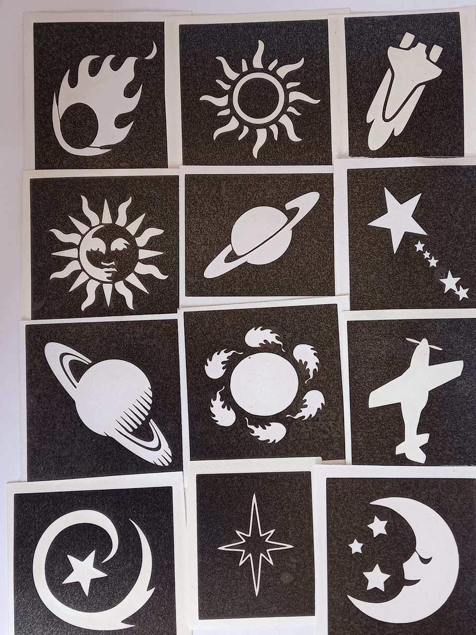 30 x Space stencils for glitter tattoos / airbrush / many uses! Planet Saturn UFO moon stars sun sky