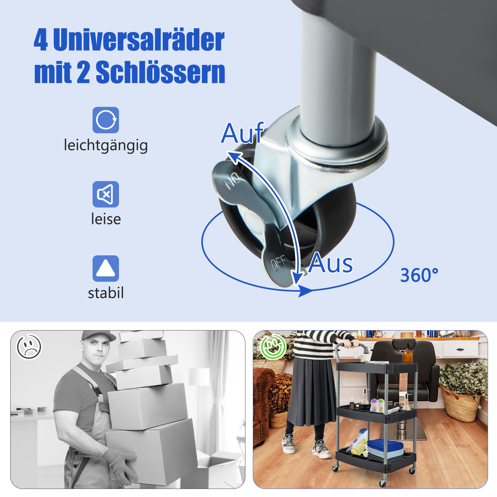 GYMAX Rollwagen, Werkzeugwagen mit 3 Ebenen, Werkstattwagen mit Griff, Werkzeugschlitzen & Universalrädern, robuster Aufbewahrungswagen für Garage & Werkstatt