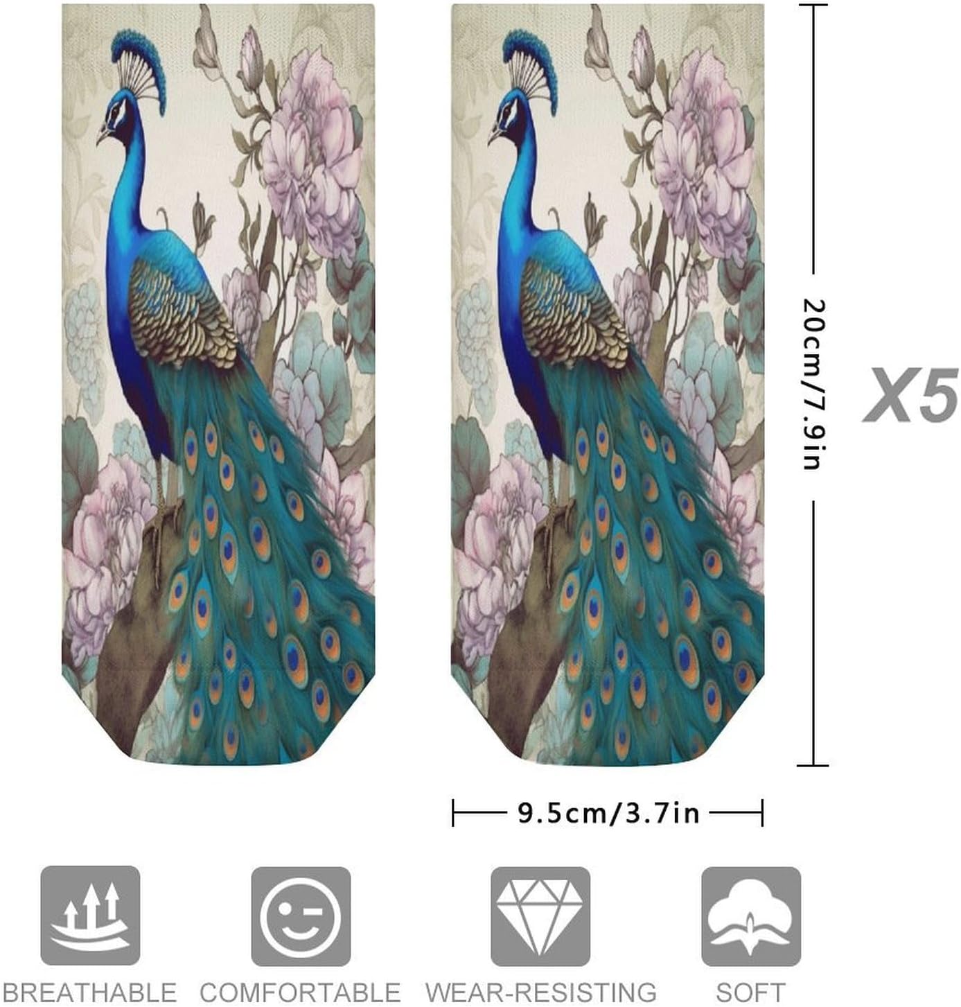 Women's Thin Elastic Socks Low-top Sports Invisible Peacock Floral Printed Ankle Socks 5 Pairs Suitable for Travel Commuting Outdoor