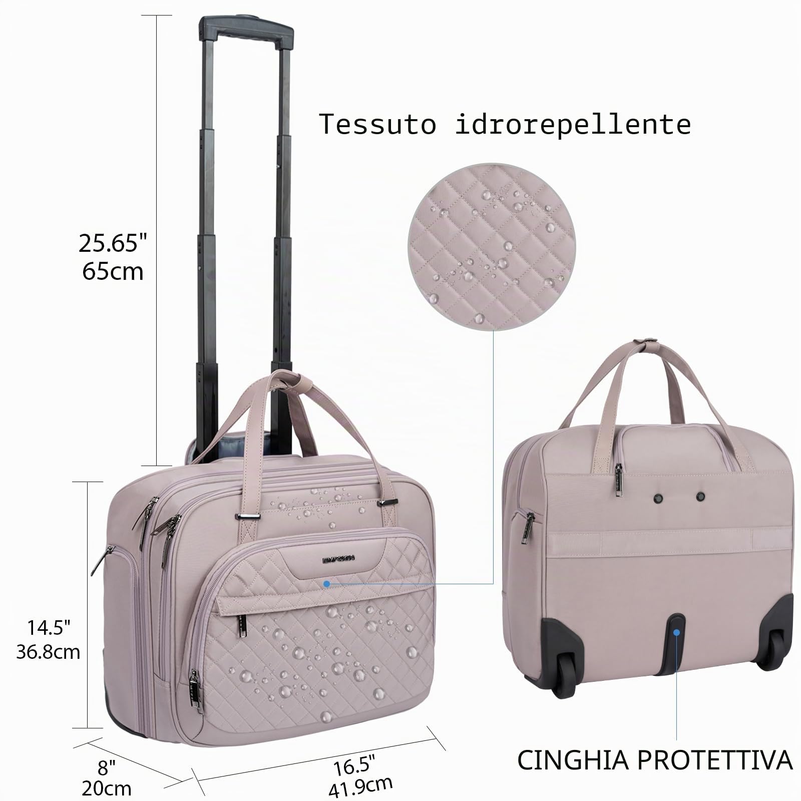 EMPSIGN Borsa porta PC con ruote da donna, cartella trolley per notebook 15,6 pollici, borsa con ruote idrorepellente per viaggio e lavoro, tasche RFID antifurto, grigia e rosa