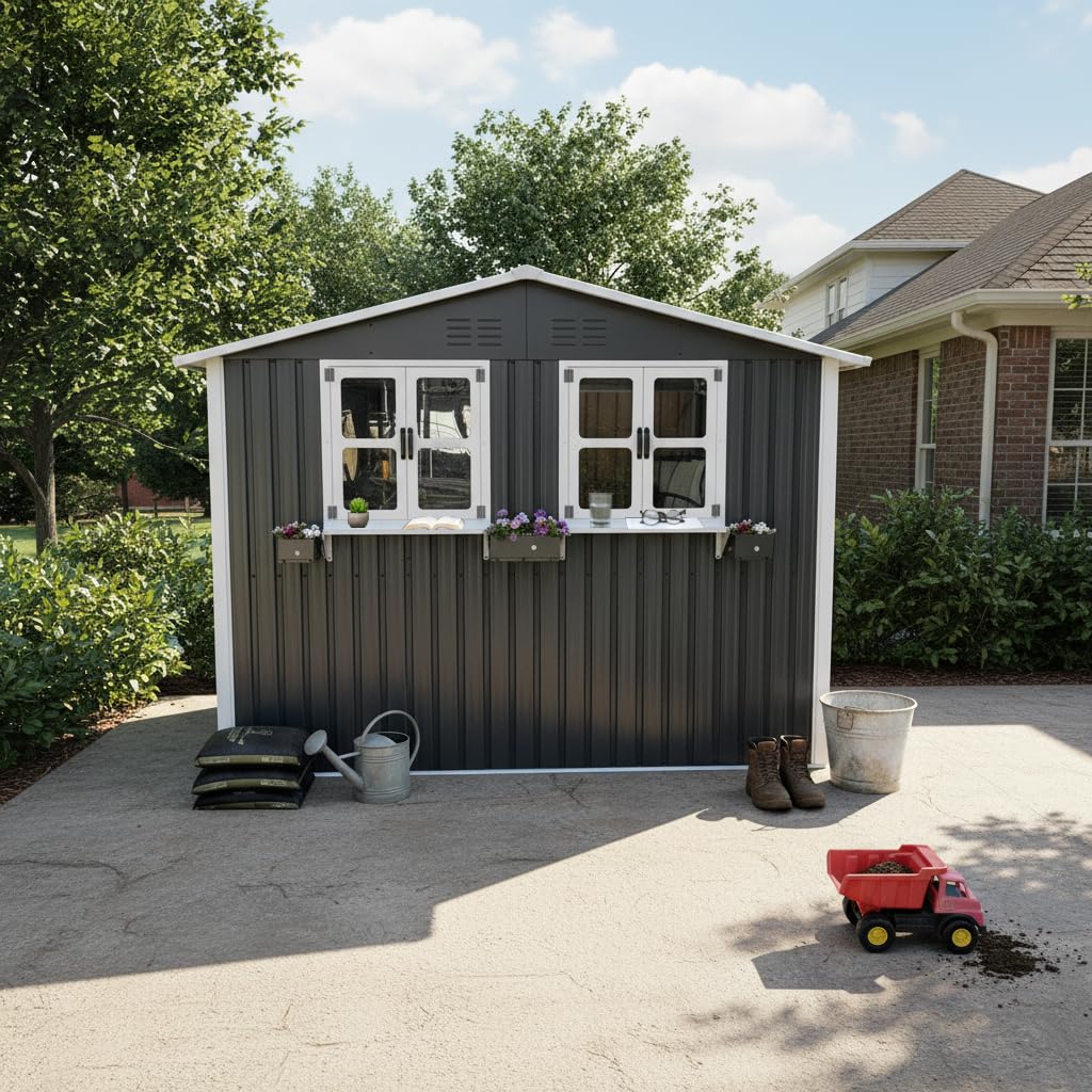 Casetta da giardino in acciaio zincato, 4,33 m², 276 x 182 x 198 cm, con 2 finestre, doppie porte chiudibili e scaffale per fiori, resistente alle intemperie, grigio (grigio, 1,8 x 2,7 m)
