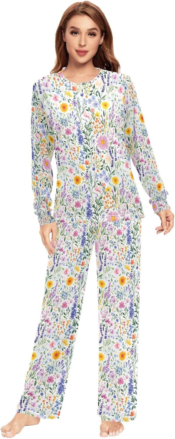 Spring Flowers Dahlia Lavender White Pajama Sets for Women 2 Piece Cozy Men Sleep Pants Going Home Outfit