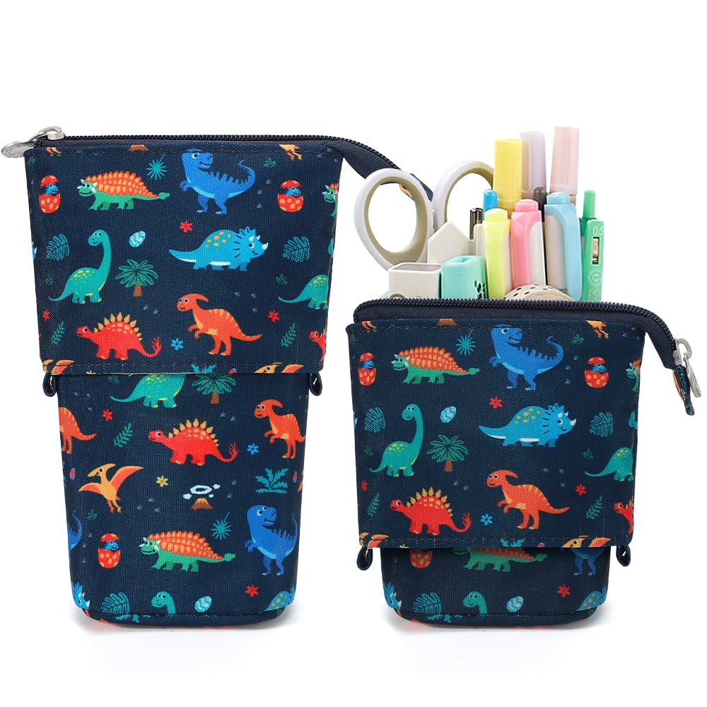KPX Cute Standing Pencil Case Pen Holder for Kids, Pop Up Stand UP Bubble Tea Pen Organizer Kawaii Stationary for Christmas Holiday New Year Office (Dinosaur)