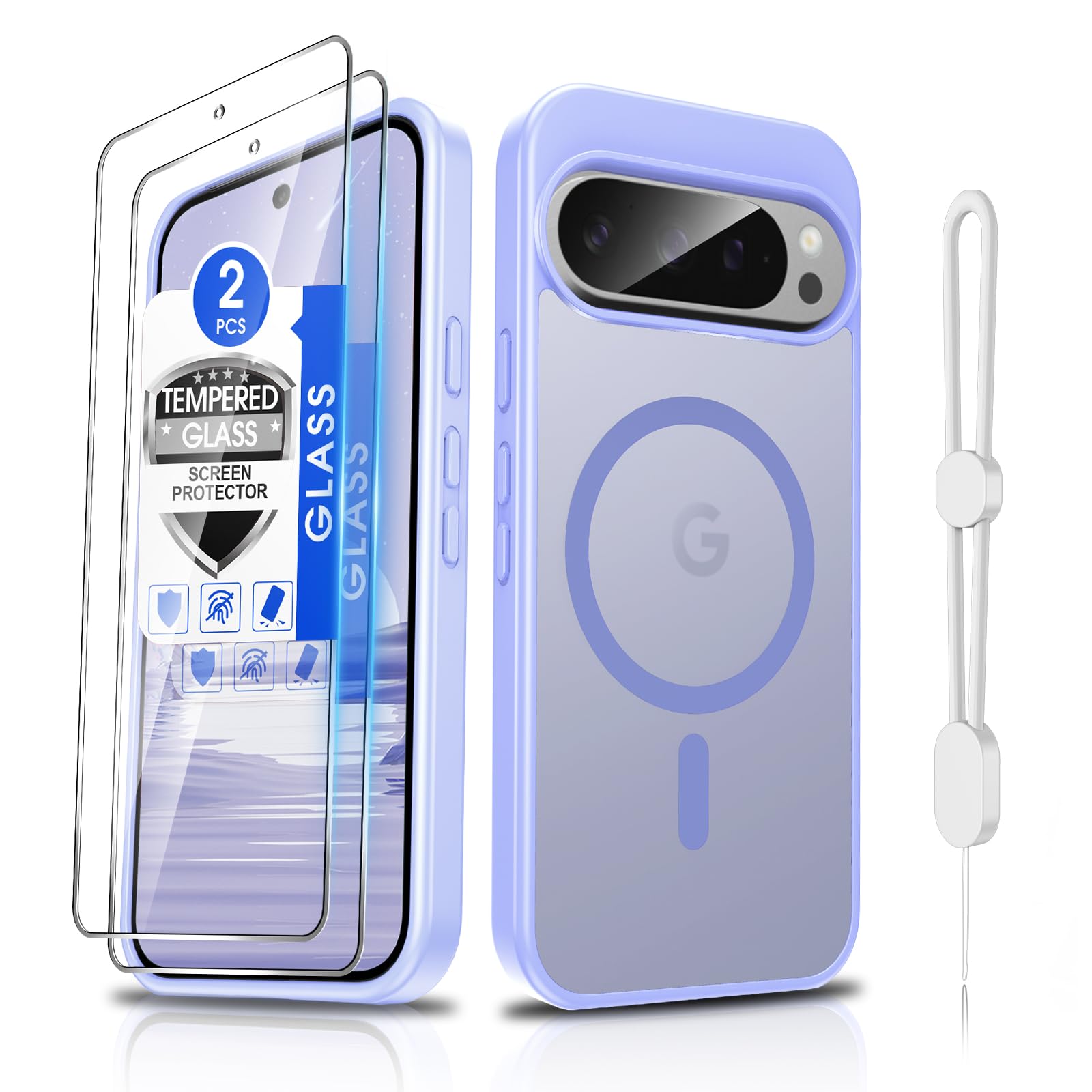 Dizn Magnetic for Google Pixel 9/Pixel 9 Pro Case,[Not Fit Pixel 9 Pro XL],with Tempered Glass Screen Protector,Lanyard,Fit for MagSafe,Matte Shockproof,Funda Para Protective Pixel 9/9Pro,Light Purple
