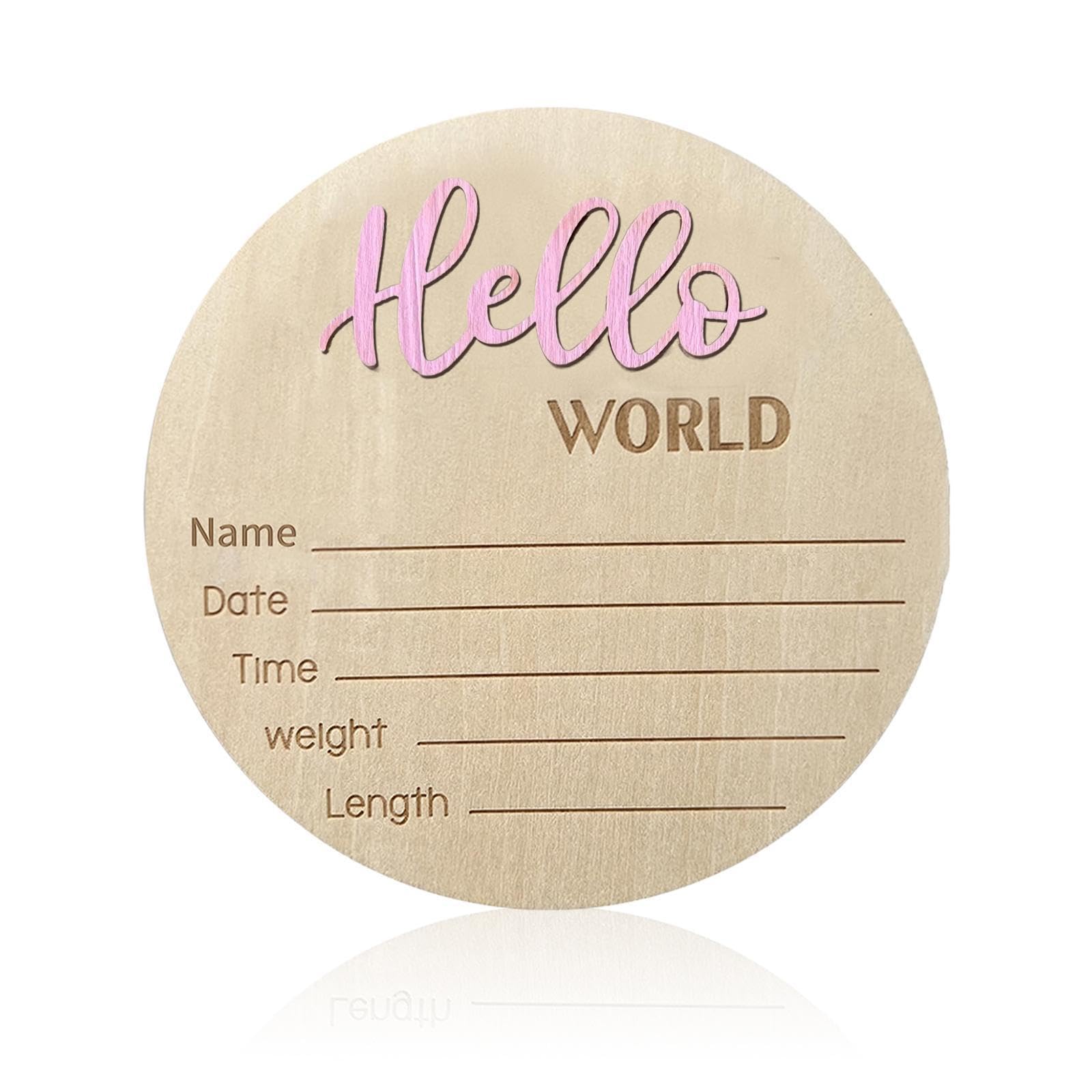 Baby Announcement Sign, ​5.9 Inch Wooden Hello World Newborn Signs, Birth Announcement Sign, Baby Shower Hospital Nursery for Newborn Boys and Girls…