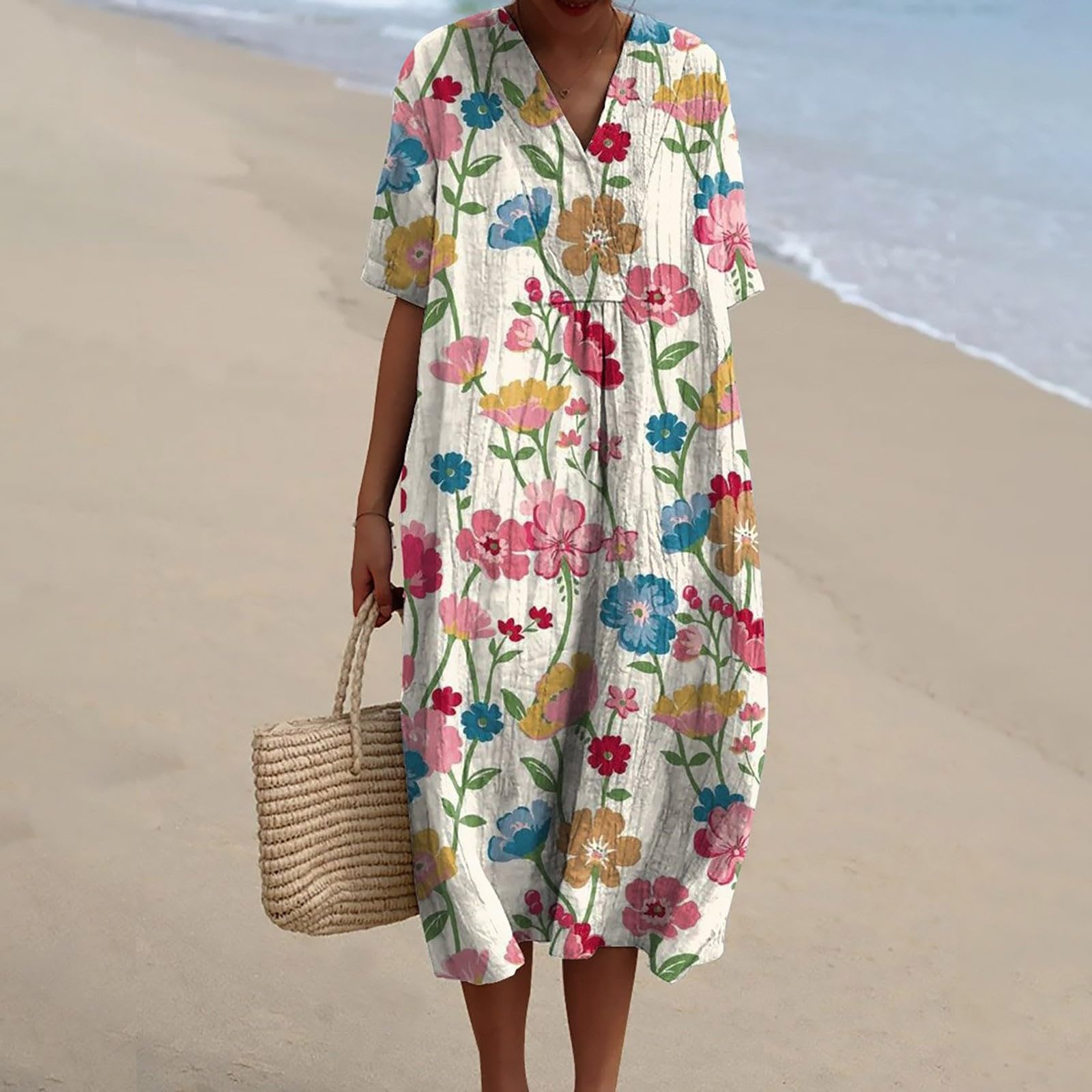 Robe Ete Femme Mi Longue Fluide Chemisier Robes Manches Courtes Casuel Ample A-Line Imprimé Fleur Robes Col en V Soiree Grande Taille Robe Été Femme Longue Décontractée Dresses Fête Travail