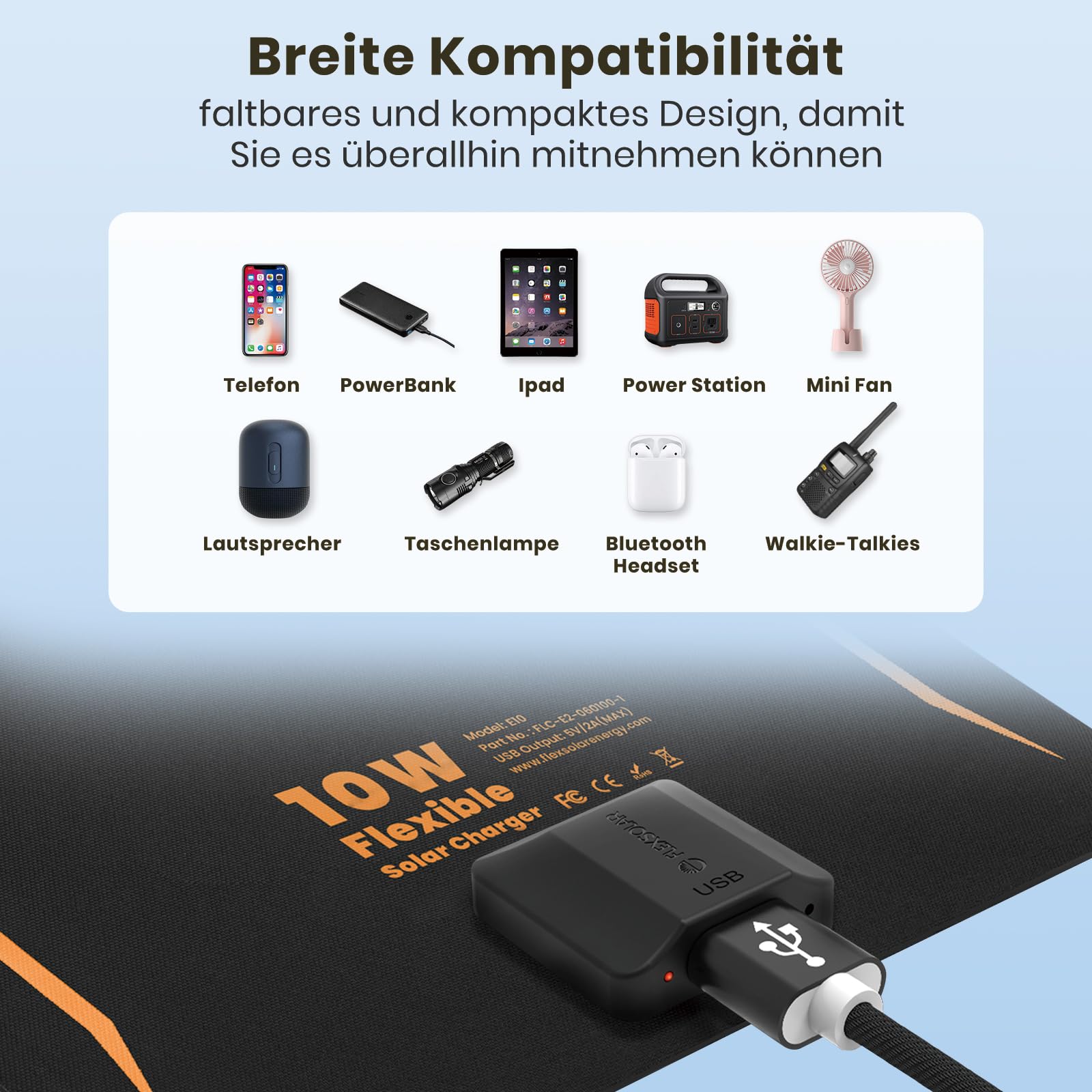 FlexSolar Petit chargeur solaire pliable 10 W avec port USB-A 5 V/2 A, étanche IP67, chargeur solaire ETFE pour iPhone, Android, montre, appareil photo et plus encore