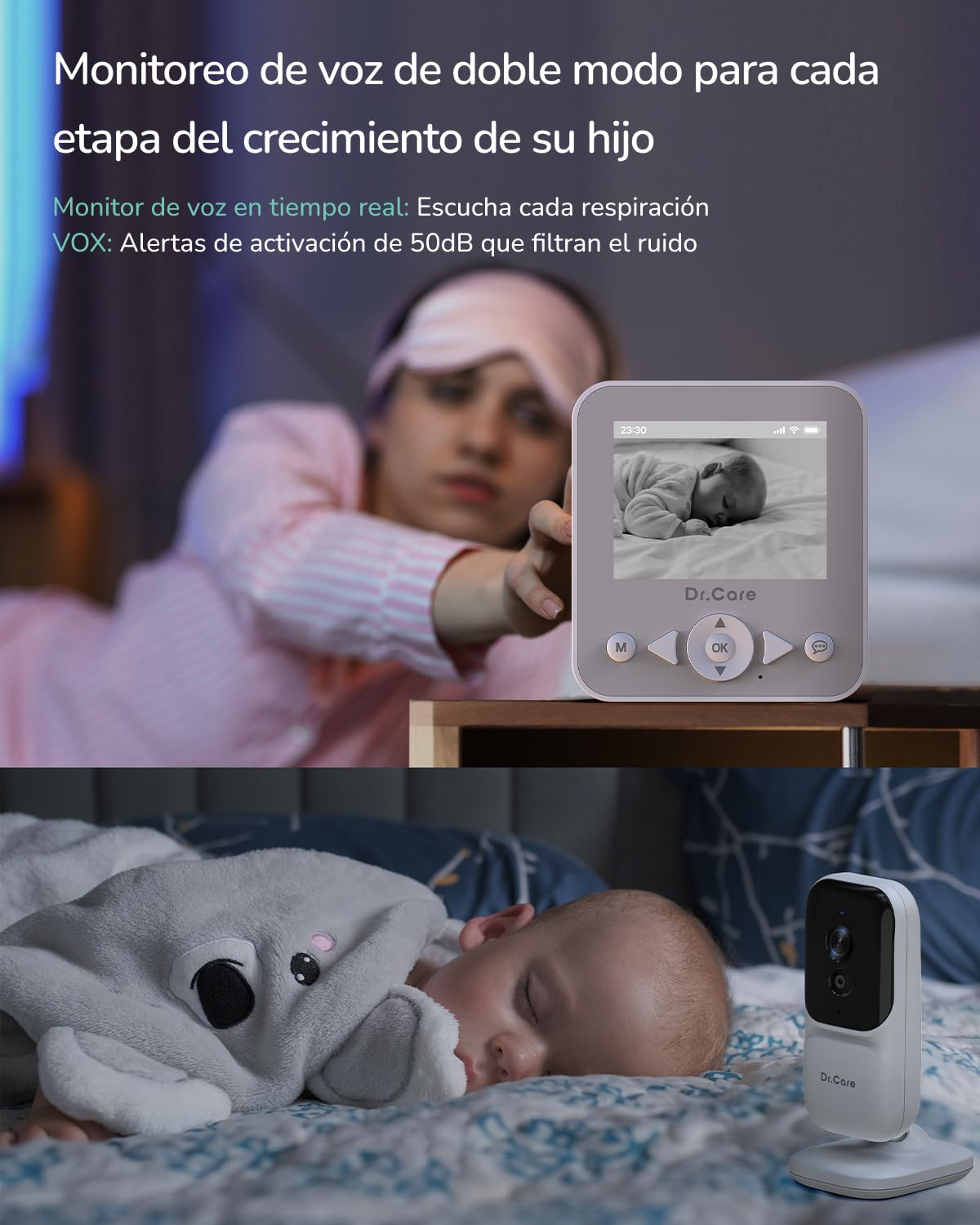 Dr. Care NeoView Monitor de Bebé, 2 Cámaras, Pantalla 2,8”, Audio Bidireccional, Grabación en Bucle, Visión Nocturna, Tiempo Real/VOX, Sensor de Temperatura, Canciones de Cuna, Clip de Cinturón
