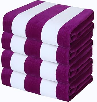 Exclusivo Mezcla 4 Pack Cotton Stripe Beach Towels Large Pool Towel Set | 30x60 Inches, Cabana Striped, Thick Travel Swim Bath Towel, Super Absorbent, Soft, Adult, Purple