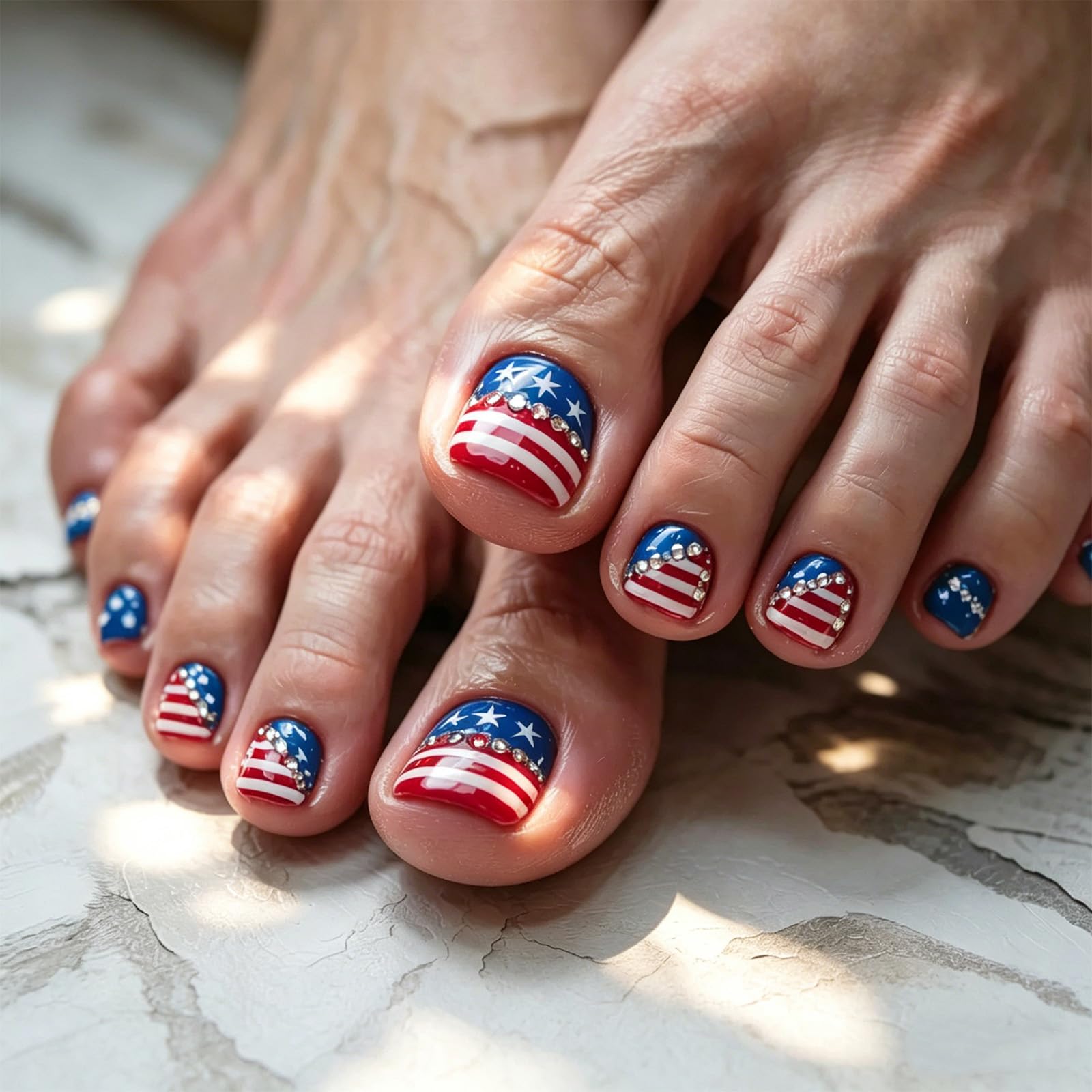 Photo 1 of American Flag Acrylic Fake Toenail 24Pcs Glossy Red Line Stick on Fingernails Patriotic Gel Glue on Nail 4th of July Press on Toenails Fourth of July Short Square False Toenail for Independence Day