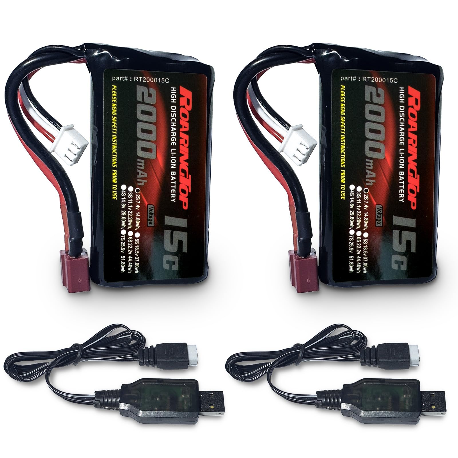 RoaringTop 7.4V 2000mAh 2S Rechargeable Li-ion Battery with T Plug and 2 USB Chargers for WLToys 4WD High Speed RC Cars and Most 1/10, 1/12, 1/16 Scale RC Cars Trucks