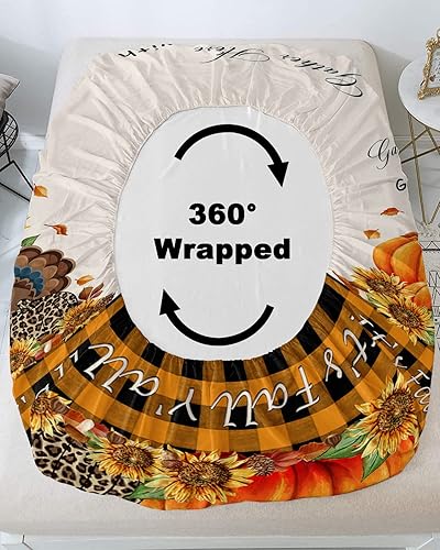 Miniatura 4 de Juego de sábanas bajeras de otoño de Acción de Gracias para colchones de hasta 16 pulgadas, diseño de pavo y calabazas, girasoles, a cuadros,