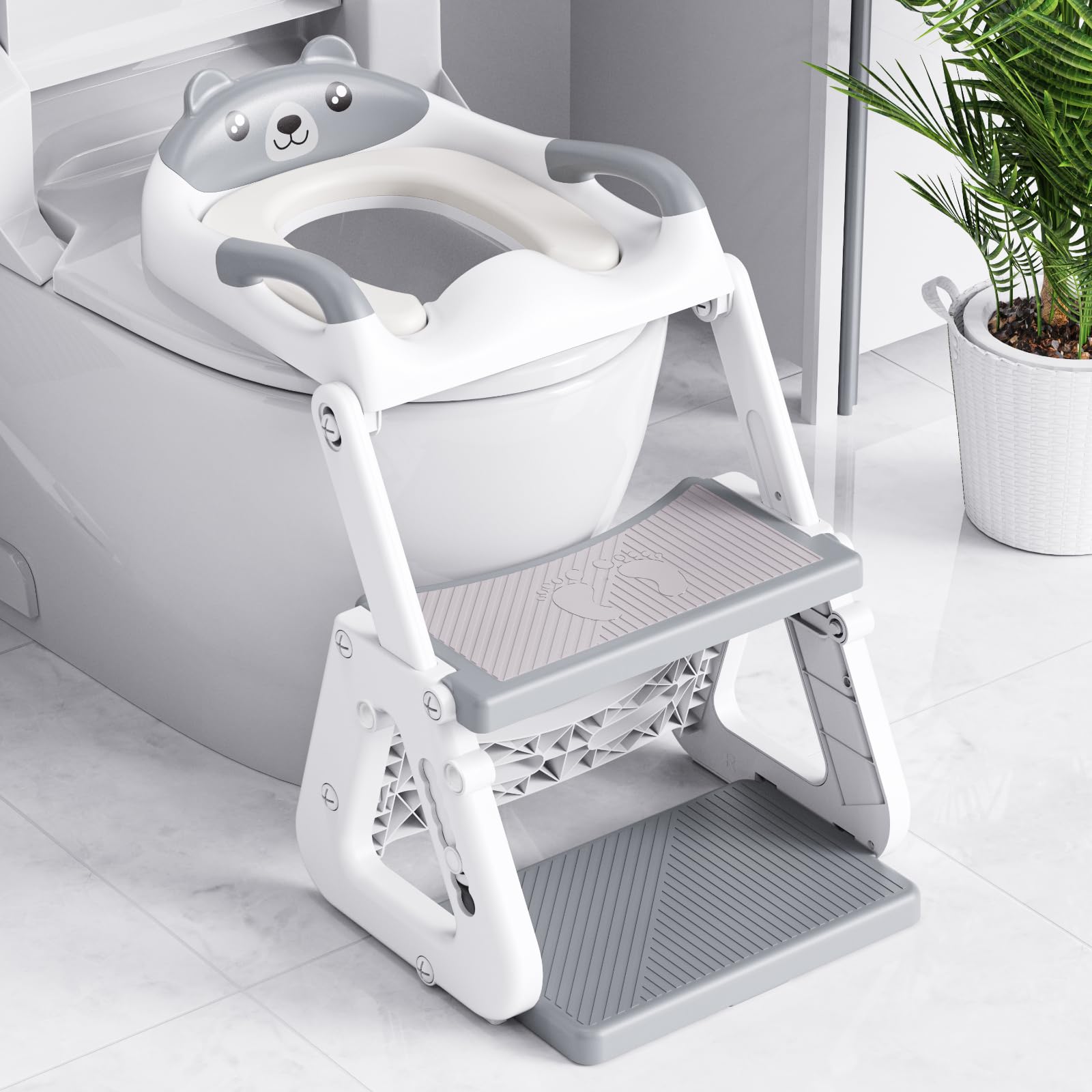 Orzbow Riduttore Wc Bambini con Scaletta, Stabilizzare Scaletta Wc Per Bambini con Struttura a Triangolo, Paraspruzzi Estesi e Cuscino in PVC Impermeabile, Antiscivolo e Pieghevole, Grigio