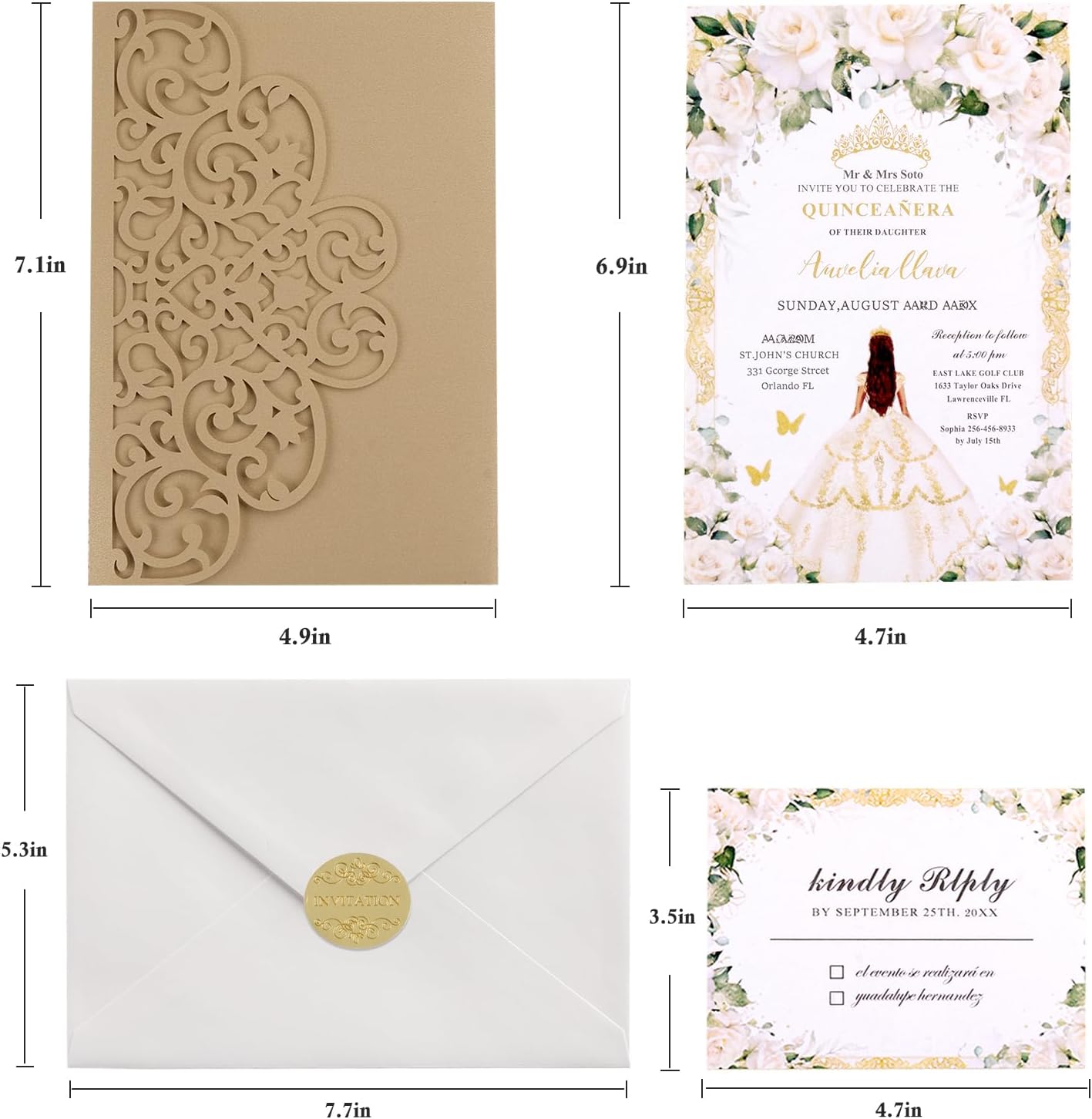 50Pcs Personalized Wedding Invitations Gold Laser Cut Invitation Kits with Envelopes and RSVP Cards For Wedding Baby Shower Birthday Quinceanera Invitation