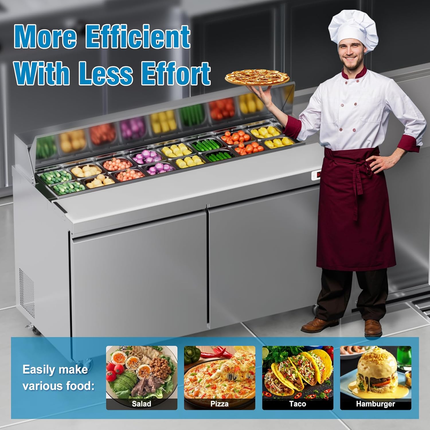 60" W Sandwich Salad Prep Table Refrigerator Commercial Refrigerator with 16 Pans Stainless Steel Fan Cooling Kitchen Equipment