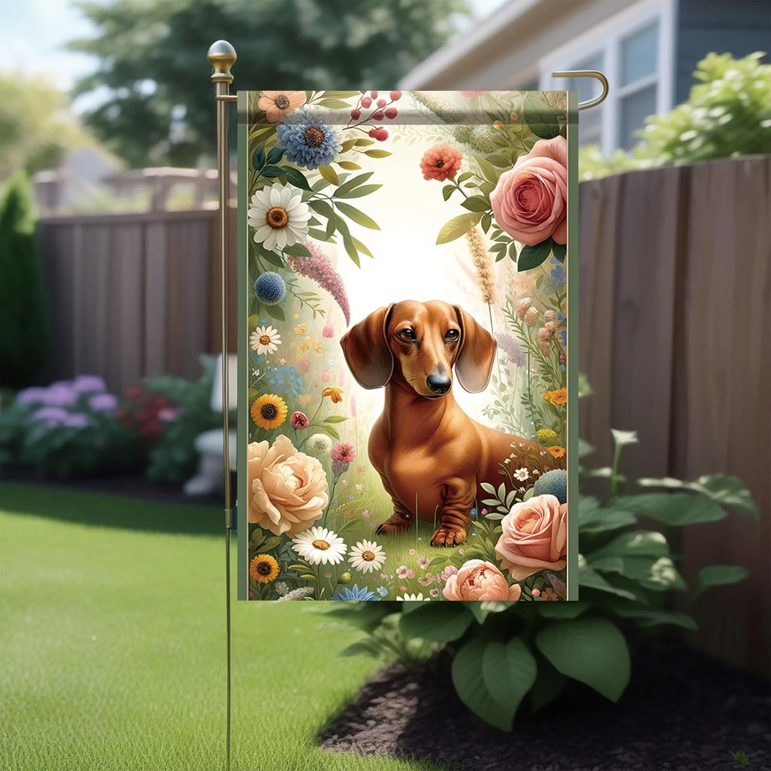 Spring Summer Dachshund Garden Flag Floral Flower Daisy Dog Seasonal Garden Flag 12x18 Inch Double Sided Decoration Yard Small Flag For Outside Holiday Seasonal Outdoor Banner - Image 3