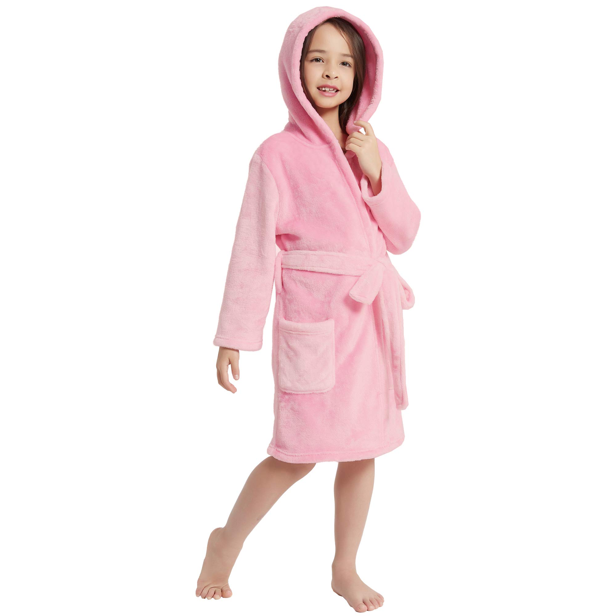 V.&GRIN Girls Fleece Robe, Hooded Toddler Soft Fuzzy Bathrobe for Kids 3-14 Years?Pink7-8