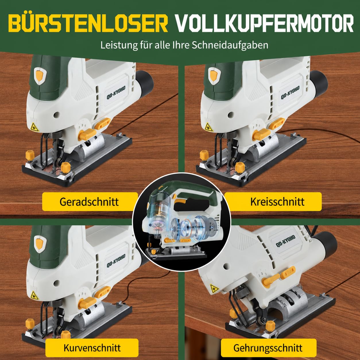 Stichsäge 800 W mit Laser und LED, 6 Geschwindigkeiten, 4 Pendelstufen, 100 mm Holz und 10 mm Metall, 45° Gehrungsschnitt, T-Schaft Schnellwechsel