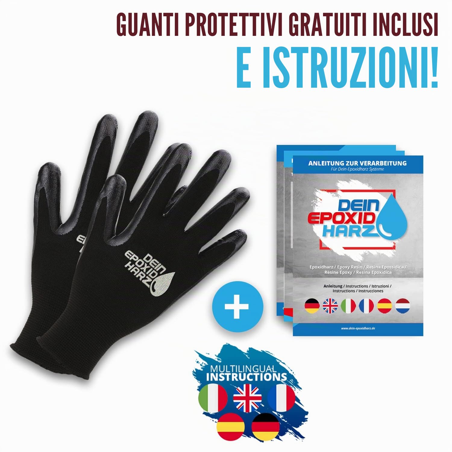 Resina Epossidica Transparente 4,5kg Bicomponente A+B | Transparente Effetto Acqua per creazioni trasparente | Resina per gioielli + Guanti di protezione, comprese le istruzioni italiane
