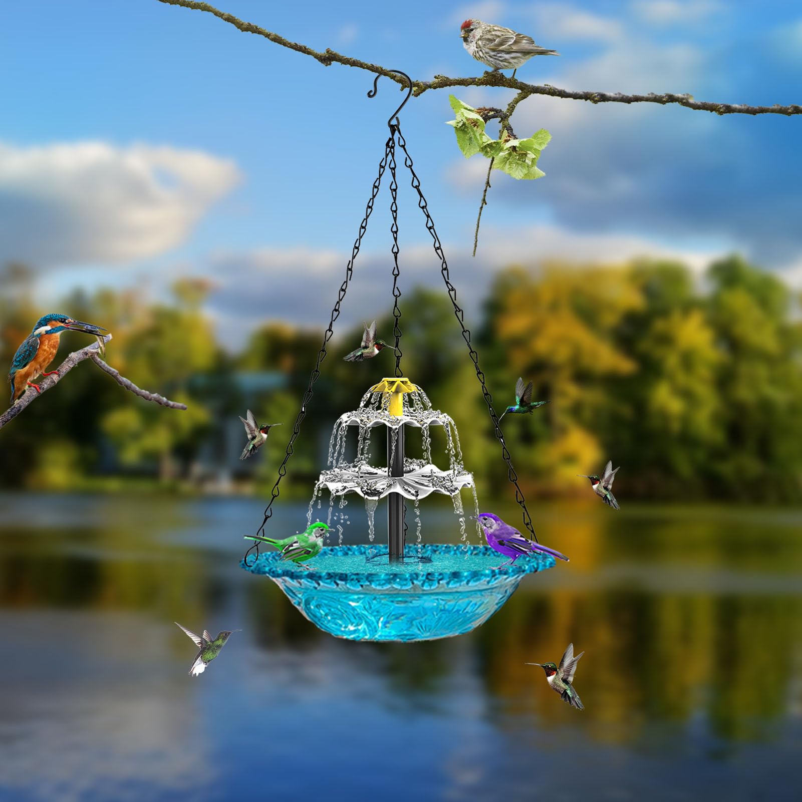Funga da bagno per uccelli appesi a energia solare con flusso d'acqua regolabile per giardini e patio in materiale plastico premium