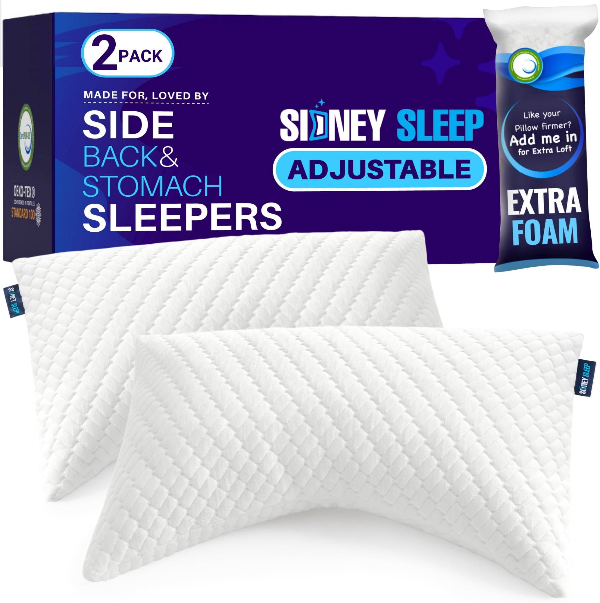 Sidney Sleep Set of 2 Queen Size Bed Pillows for Side and Back Sleepers - Adjustable Filling - Memory Foam Pillows for Neck and Shoulder Pain - Customizable Loft - Extra Foam Included (White)