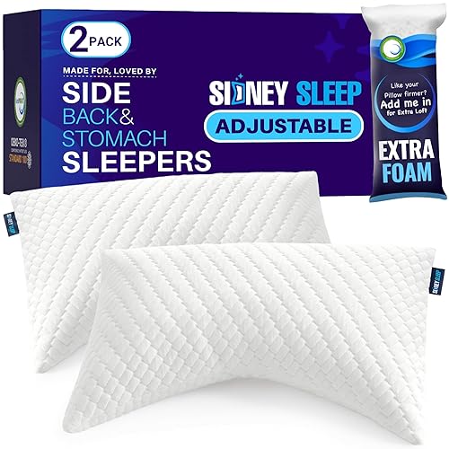 Sidney Sleep Set of 2 Queen Size Bed Pillows for Side and Back Sleepers - Adjustable Filling - Memory Foam Pillows for Neck and Shoulder Pain - Customizable Loft - Extra Foam Included (White)