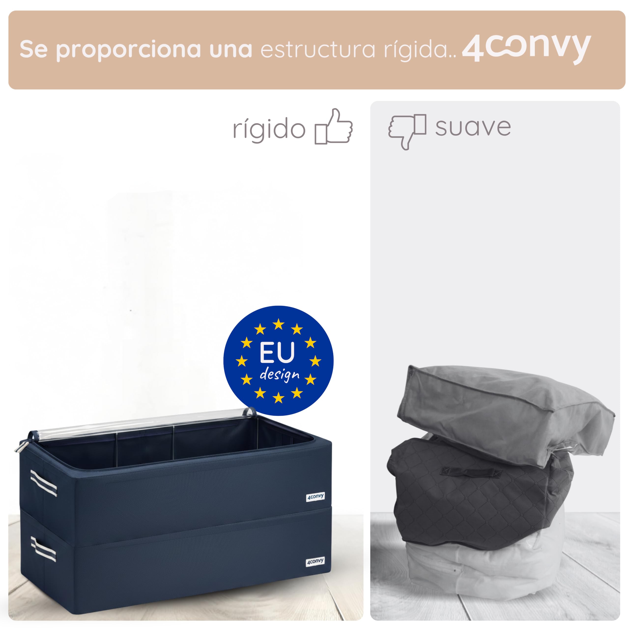 4CONVY Cajas de Almacenaje debajo de la cama con Cremallera y Marco de Metal - Bolsas para Guardar Ropa, Mantas y Edredones con Ventana Transparente - Cajas Organizadoras de Ropa Apilable - 2x68L