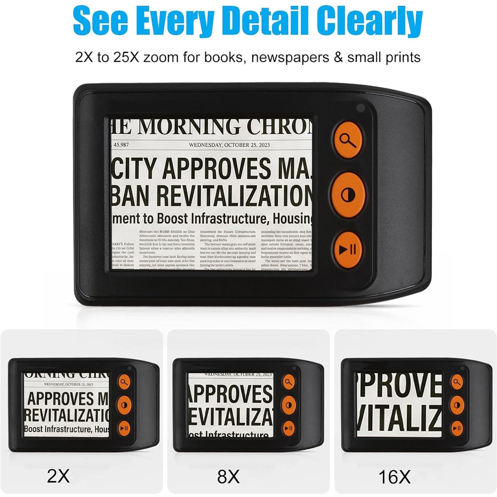 JOSBY Tragbare Digitale Videolupe, 3,5-Zoll-Handheld-lesehilfe, 2- Bis 25-facher Zoom Mit 8 Farbmodi, Tv-Ausgang, Fotofunktion Für Sehbehinderte Und Ältere Menschen Beim Lesen Von Black