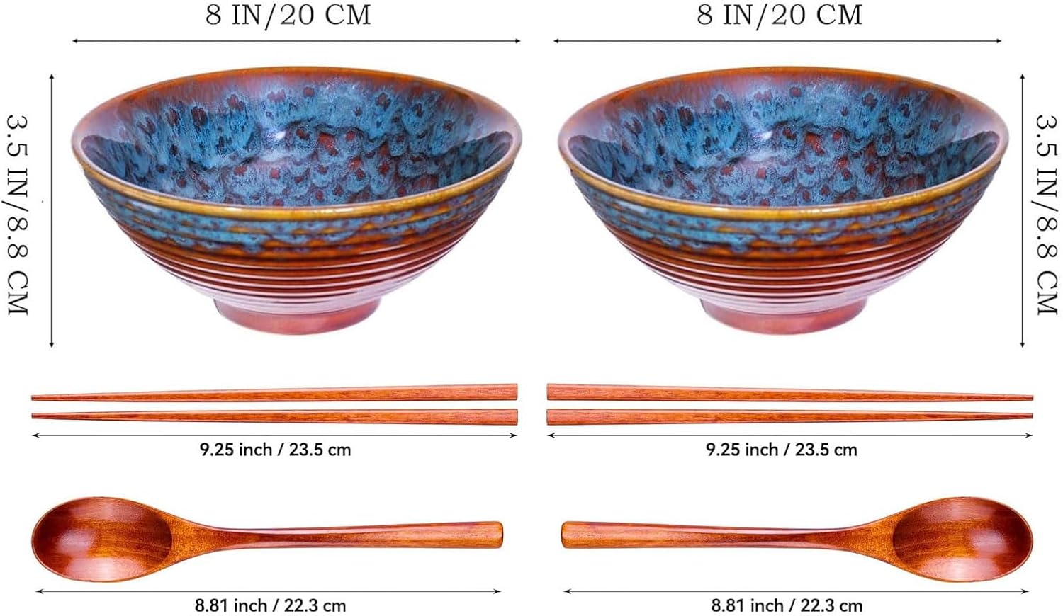2x Ceramic Ramen Bowls - 40 oz - 20cm - With Spoon and Chopsticks for Ramen Soup Pho Udon Asian Noodles, Large Noodle Bowls (Cat's eye glaze 2 sets) - Image 2